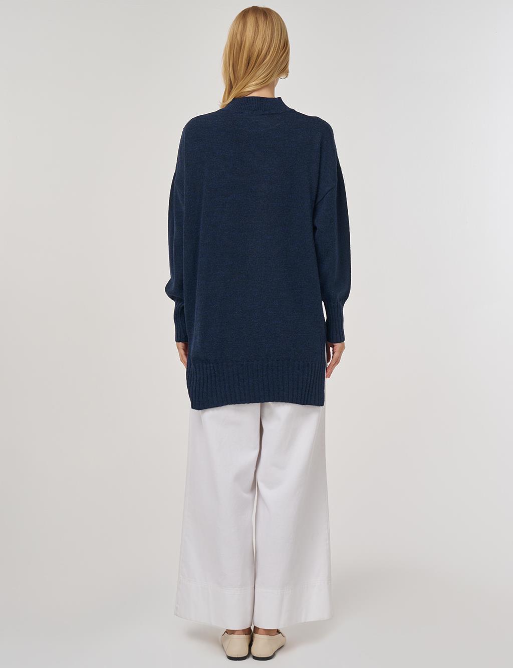 Stone-Embellished Knit Tunic in Navy Blue