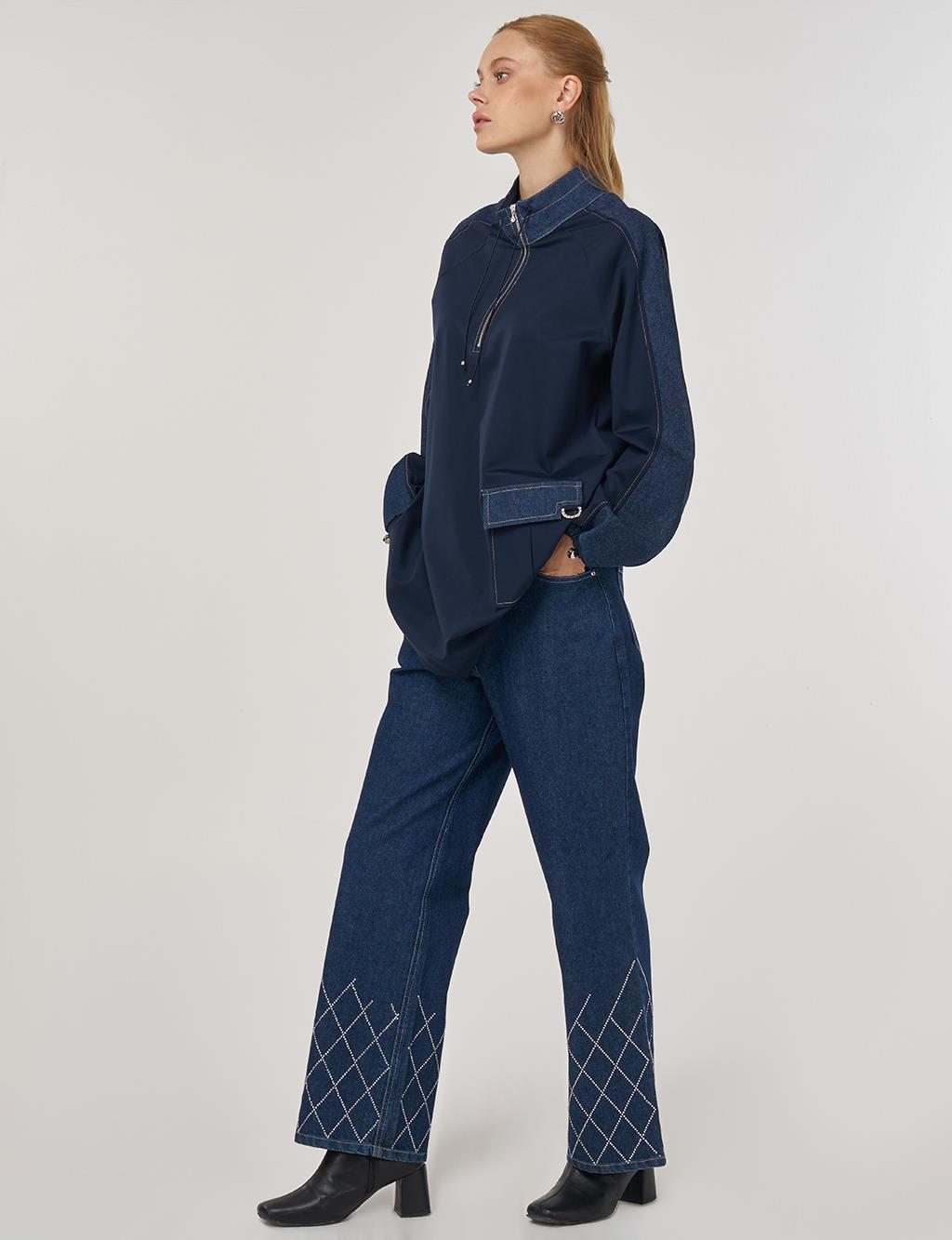 Kumaş Garnili Dik Yaka Sweatshirt Koyu Lacivert