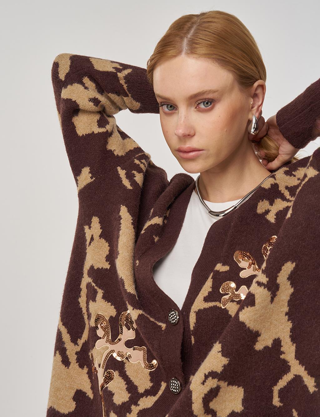 Sequin-Embroidered Knit Cardigan in Coffee