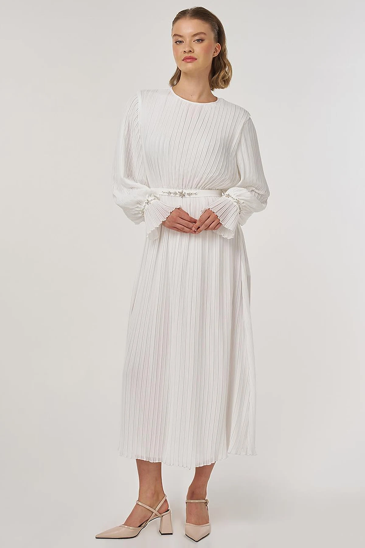 Stone-Embellished Elegant Dress in Ecru