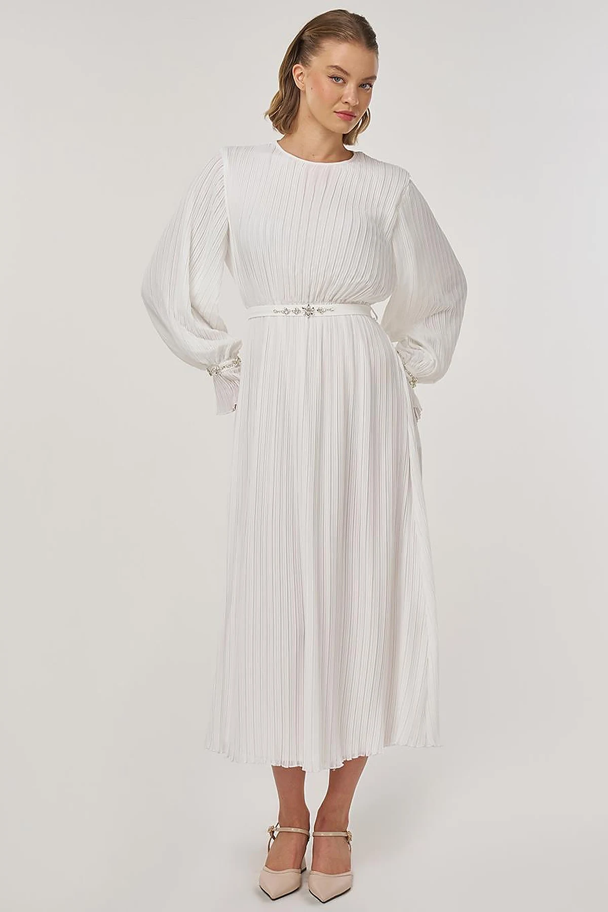 Stone-Embellished Elegant Dress in Ecru