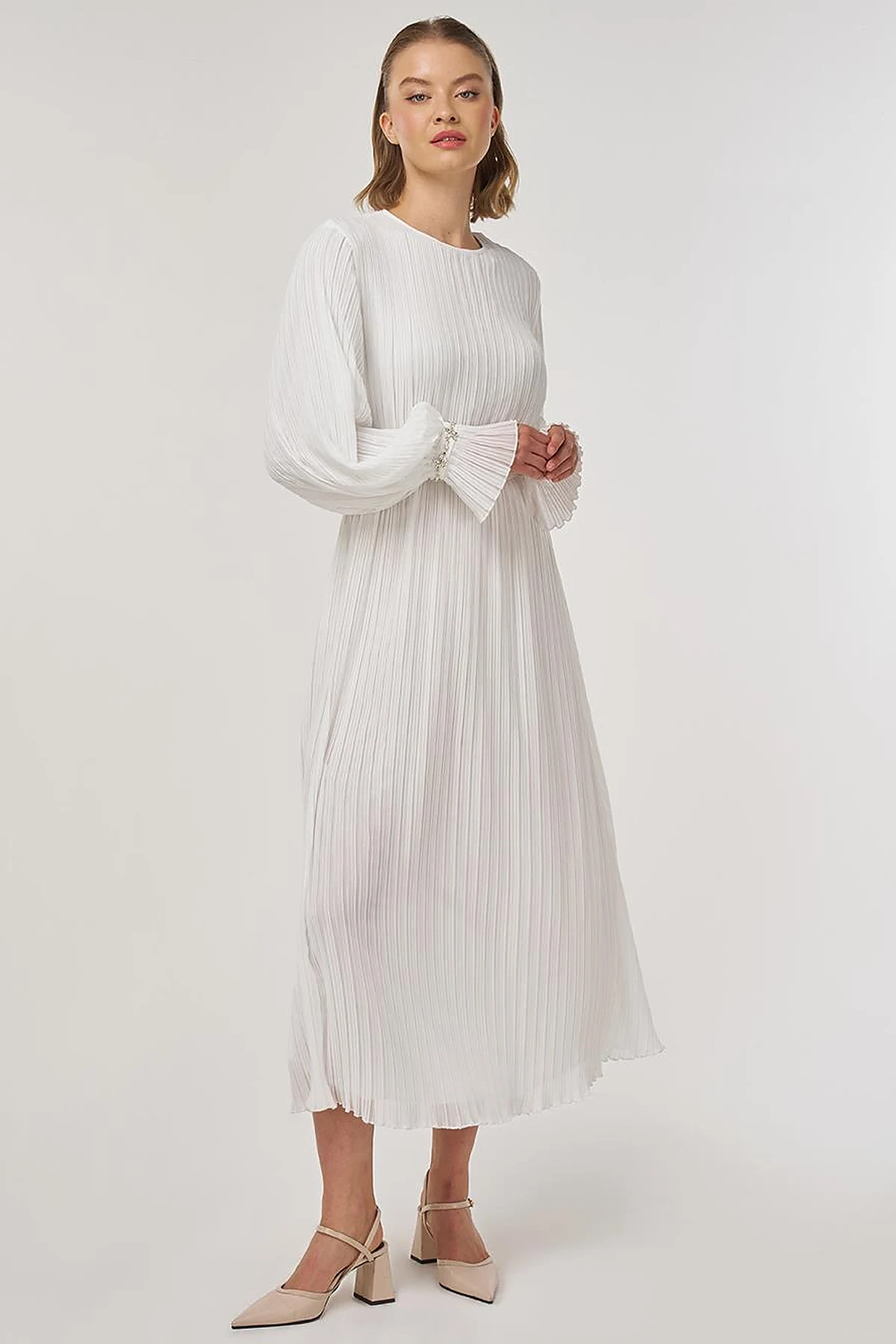 Stone-Embellished Elegant Dress in Ecru