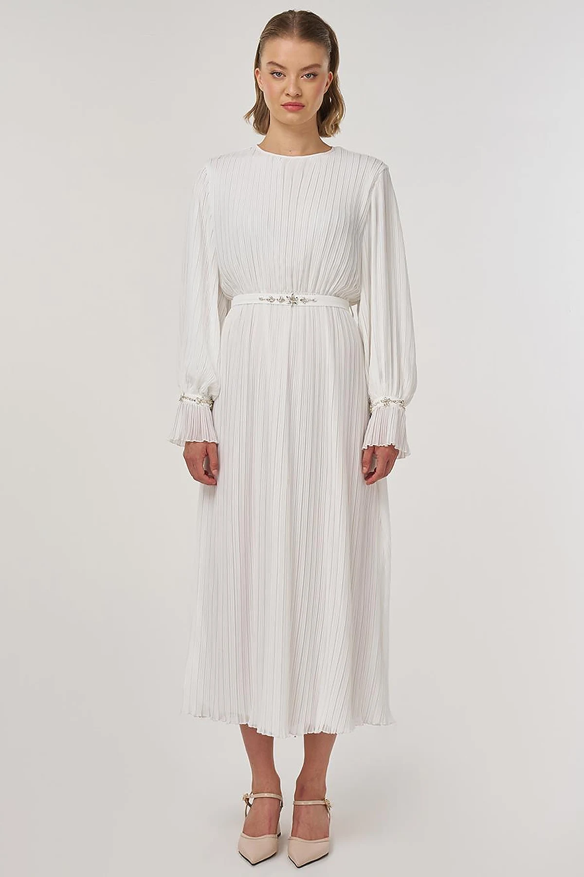 Stone-Embellished Elegant Dress in Ecru