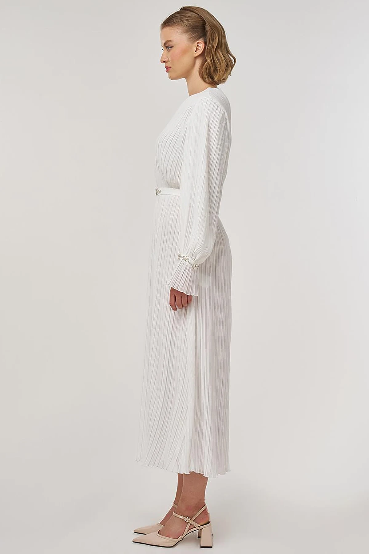 Stone-Embellished Elegant Dress in Ecru