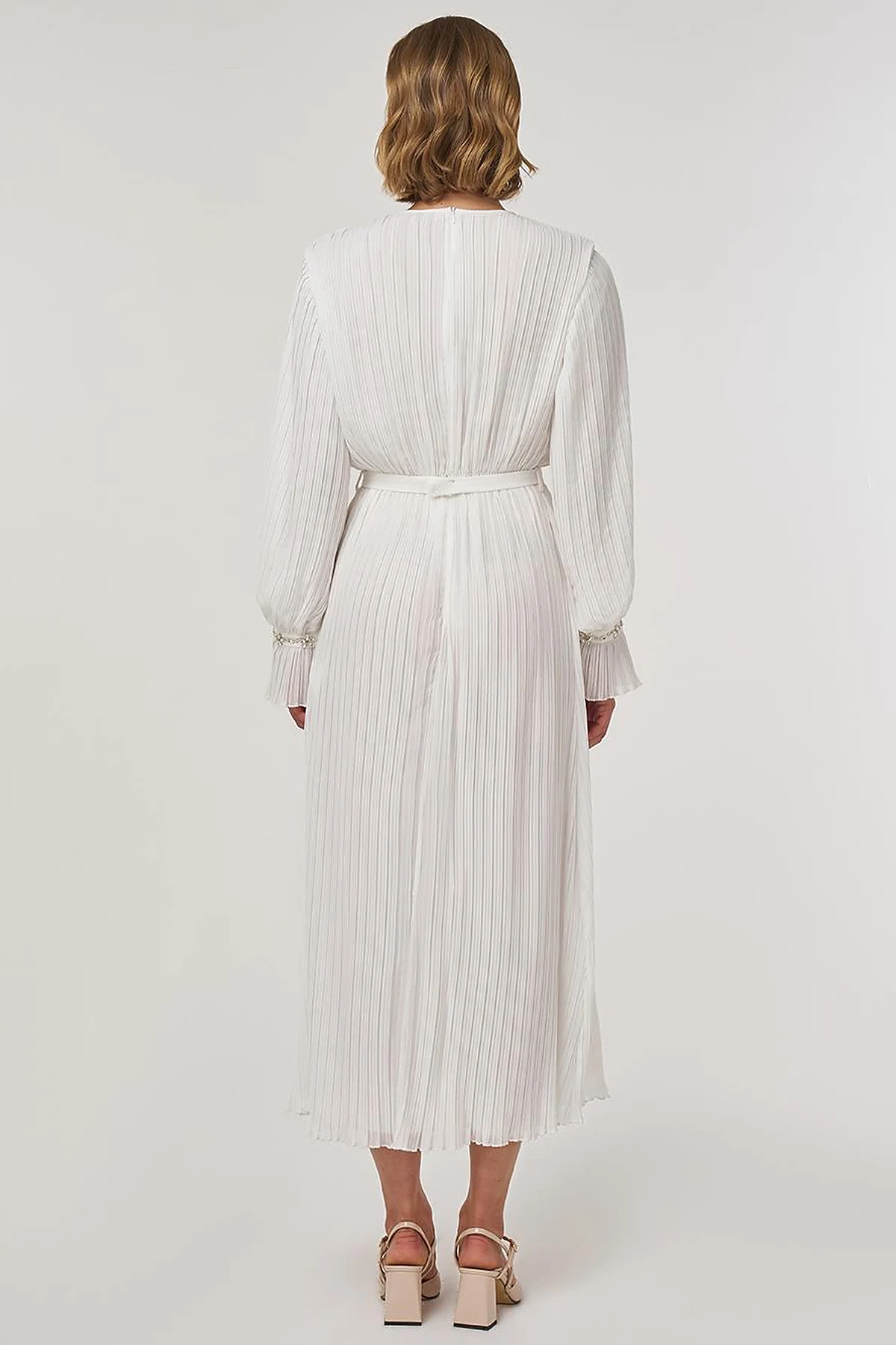 Stone-Embellished Elegant Dress in Ecru