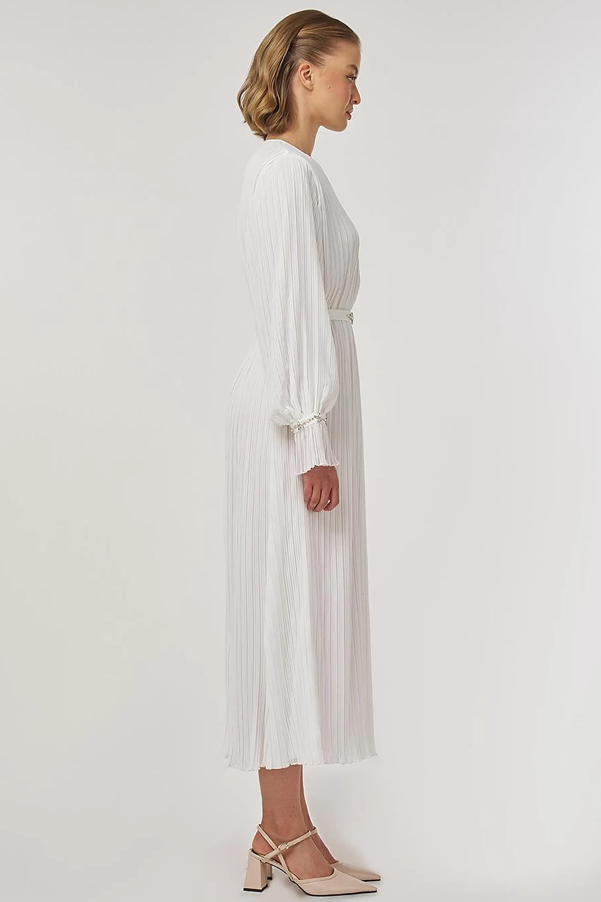 Stone-Embellished Elegant Dress in Ecru