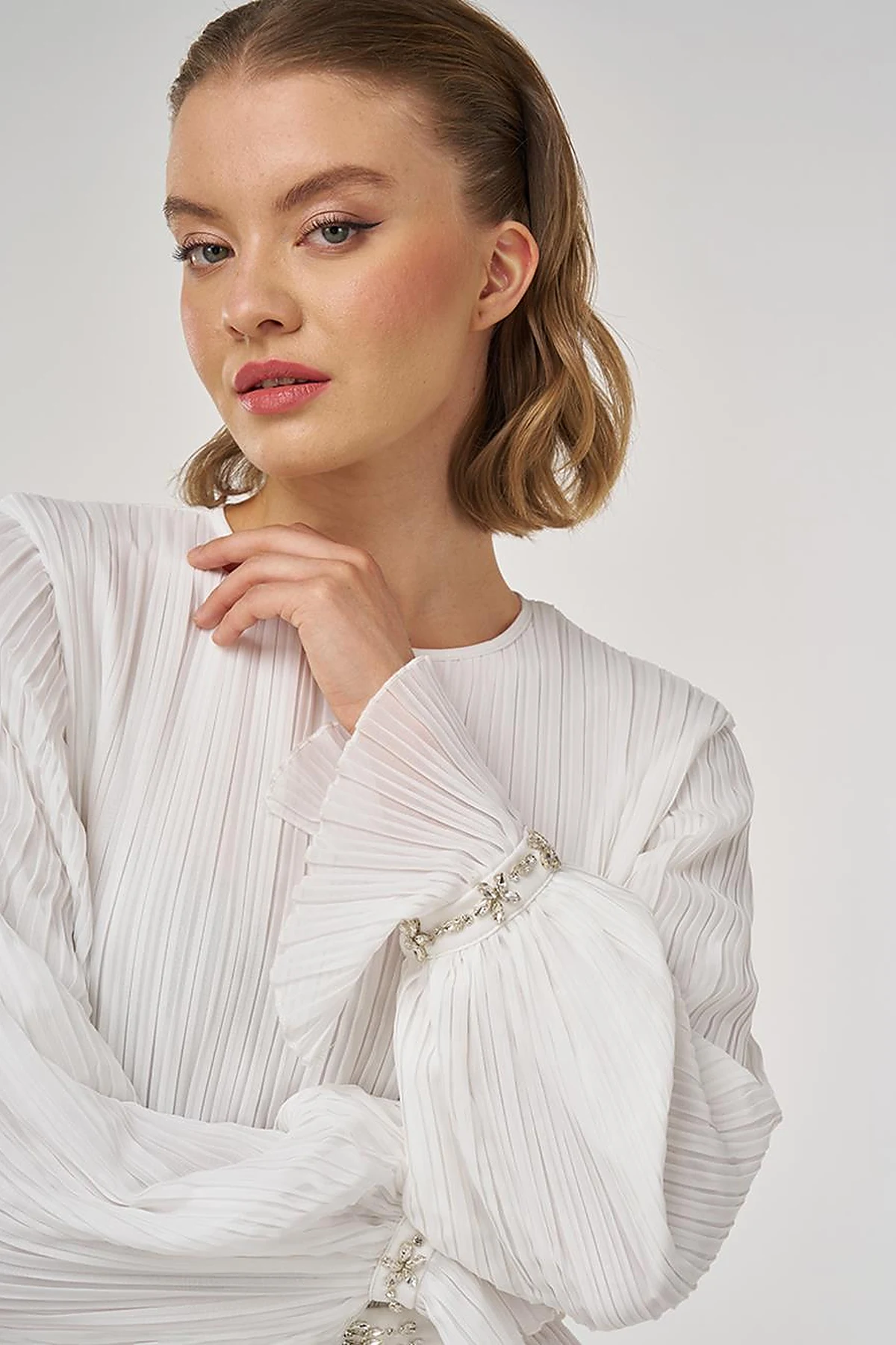 Stone-Embellished Elegant Dress in Ecru