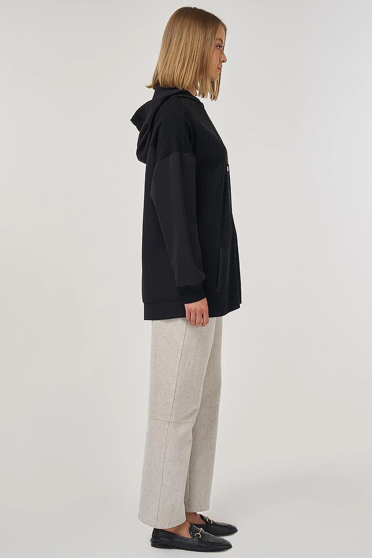 Knit-Trimmed Relaxed Fit Cardigan in Black