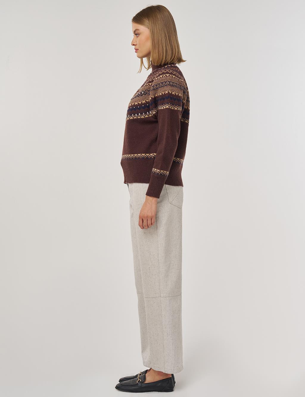 Patterned Turtleneck Sweater in Dark Coffee
