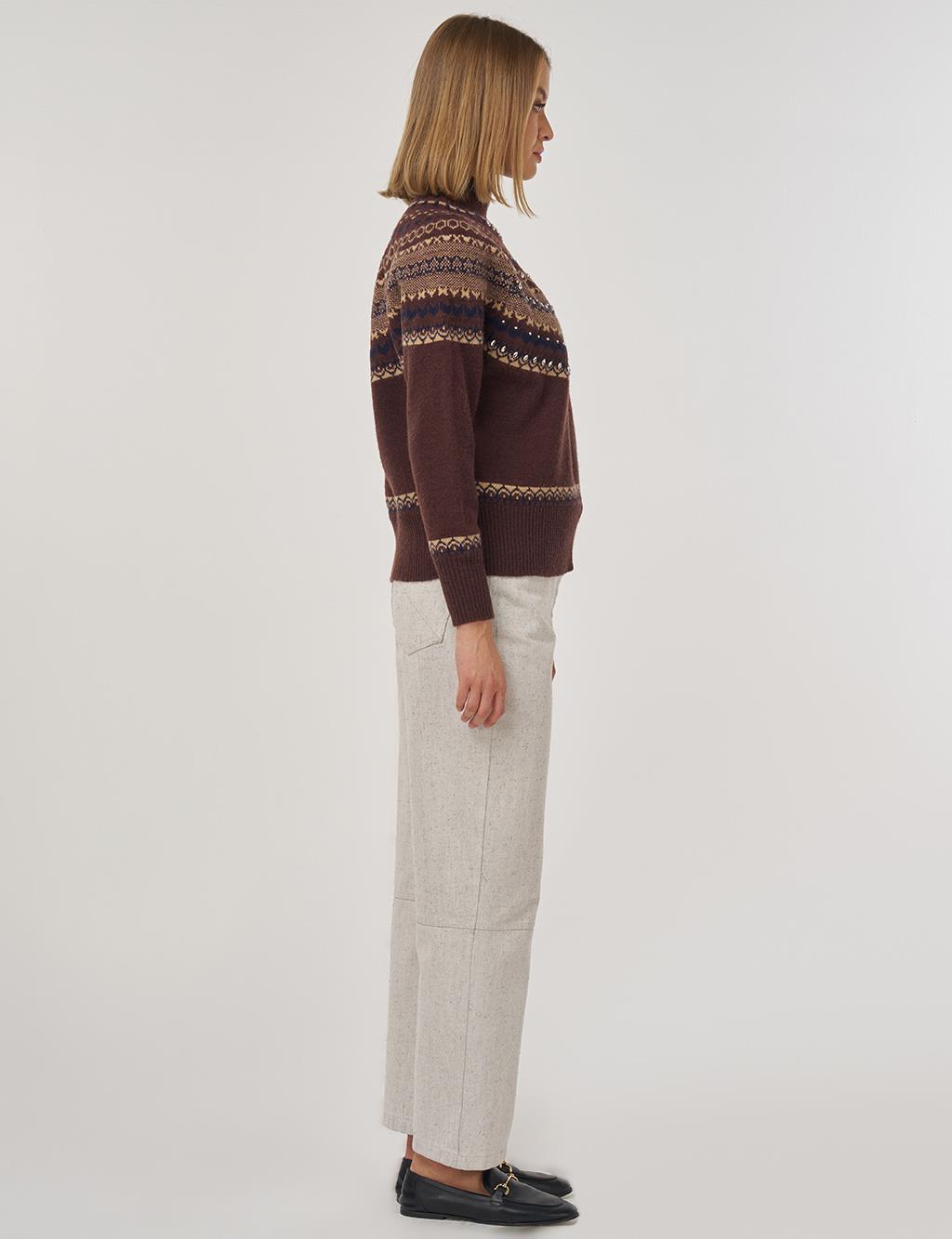 Patterned Turtleneck Sweater in Dark Coffee