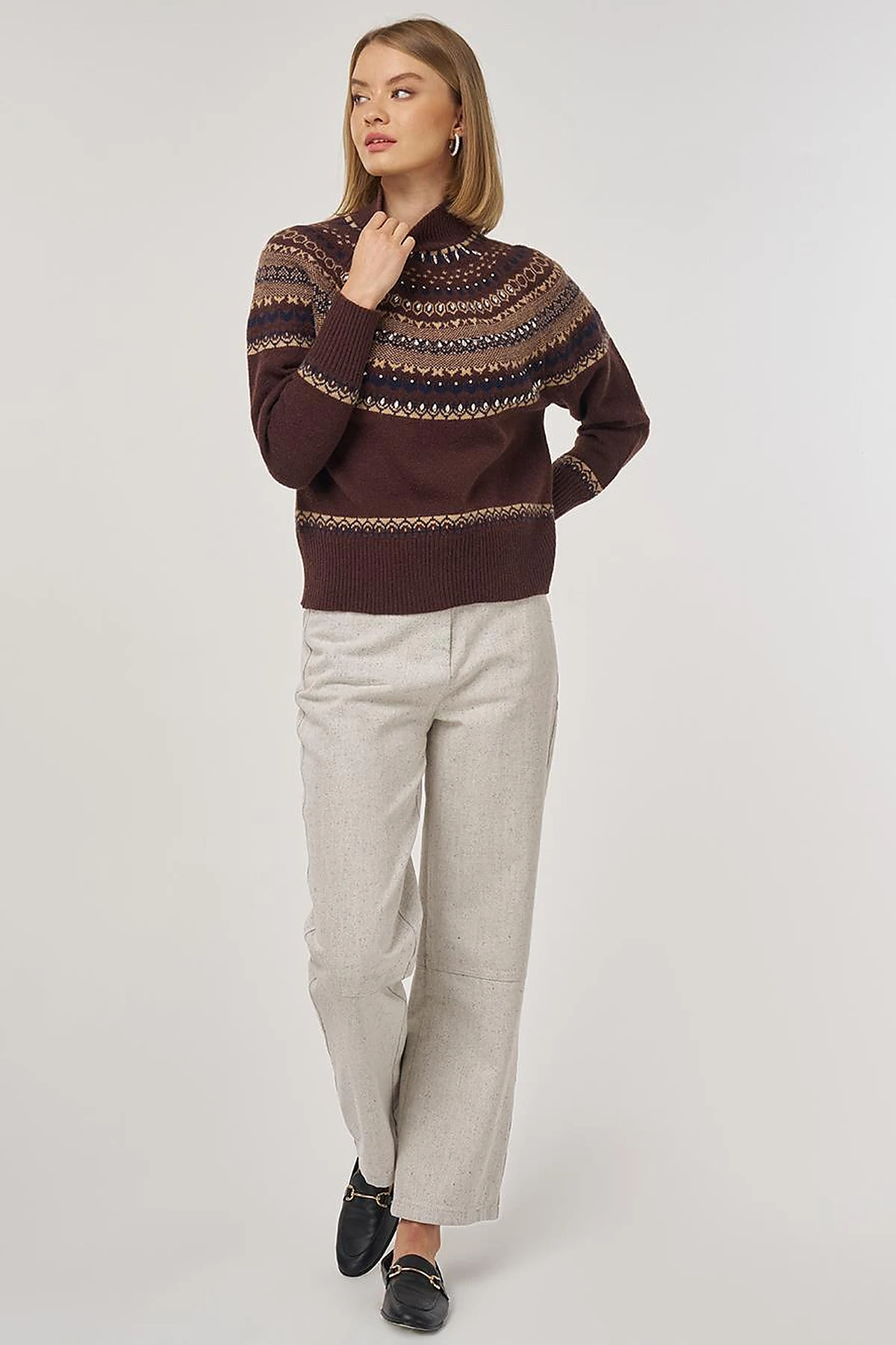 Patterned Turtleneck Sweater in Dark Coffee
