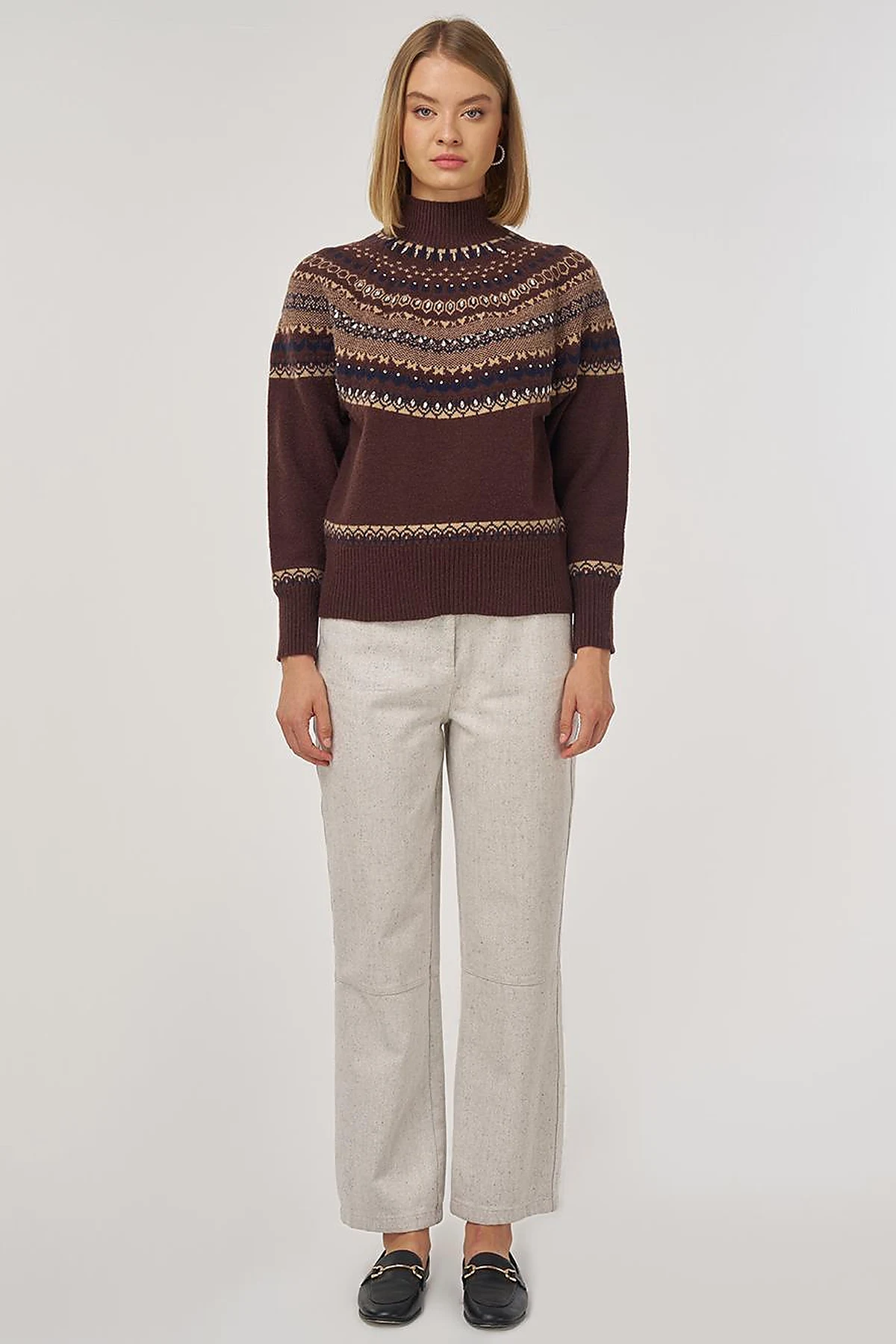 Patterned Turtleneck Sweater in Dark Coffee