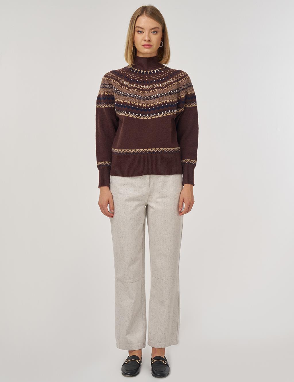 Patterned Turtleneck Sweater in Dark Coffee