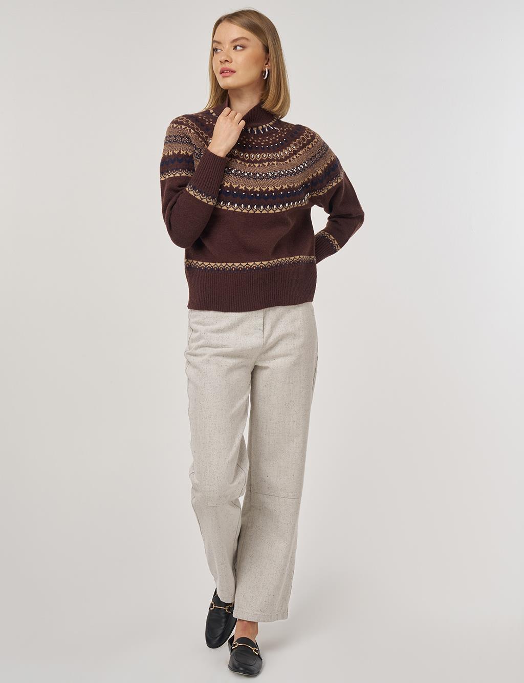 Patterned Turtleneck Sweater in Dark Coffee