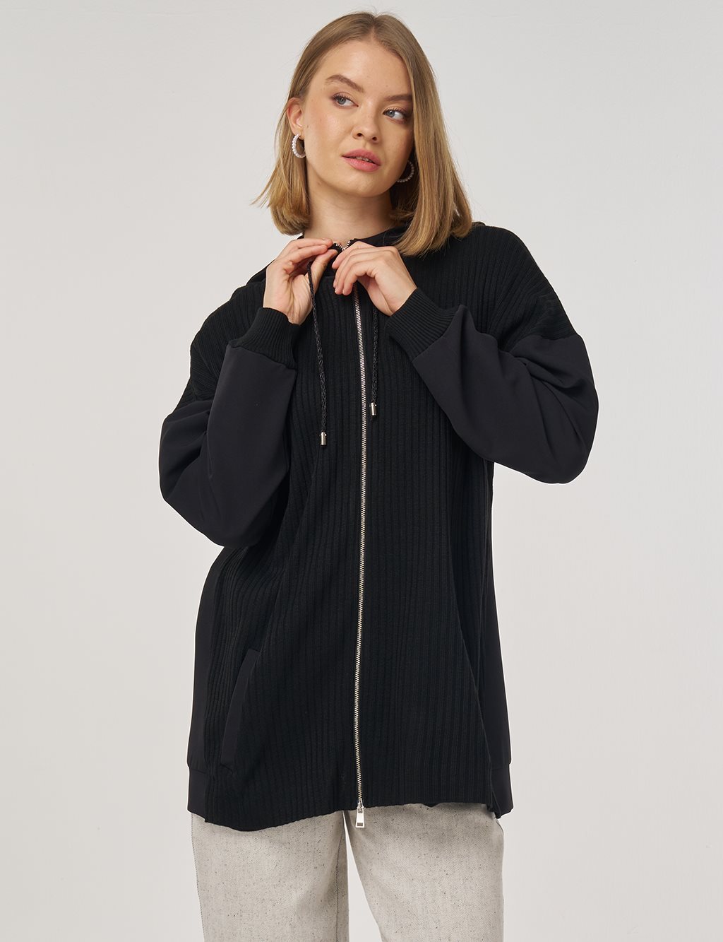 Triko Garnili Rahat Kesim Hırka Siyah 