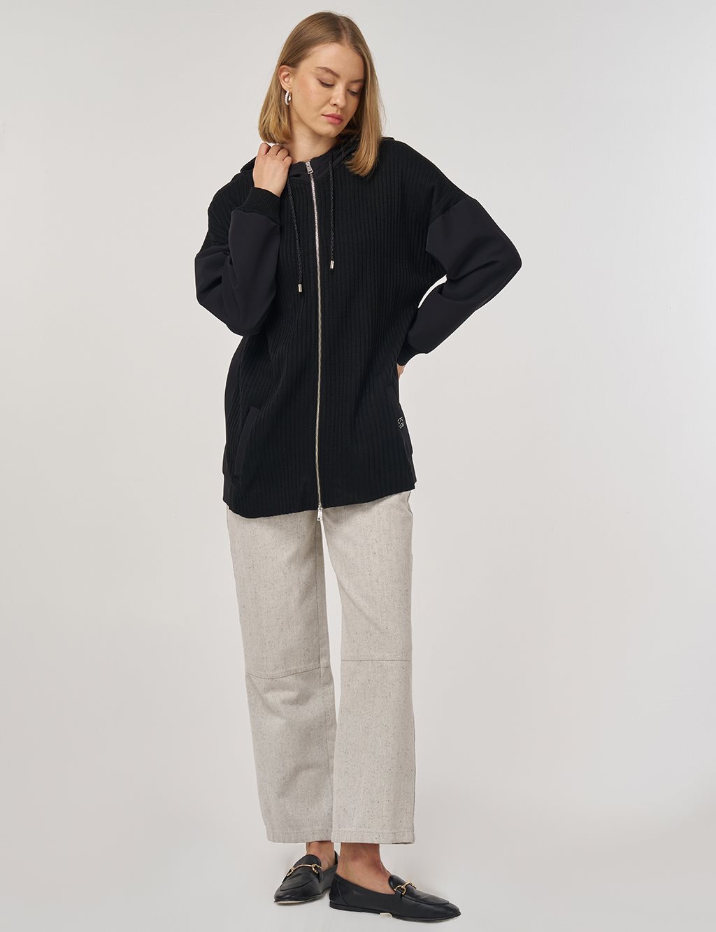 Triko Garnili Rahat Kesim Hırka Siyah 