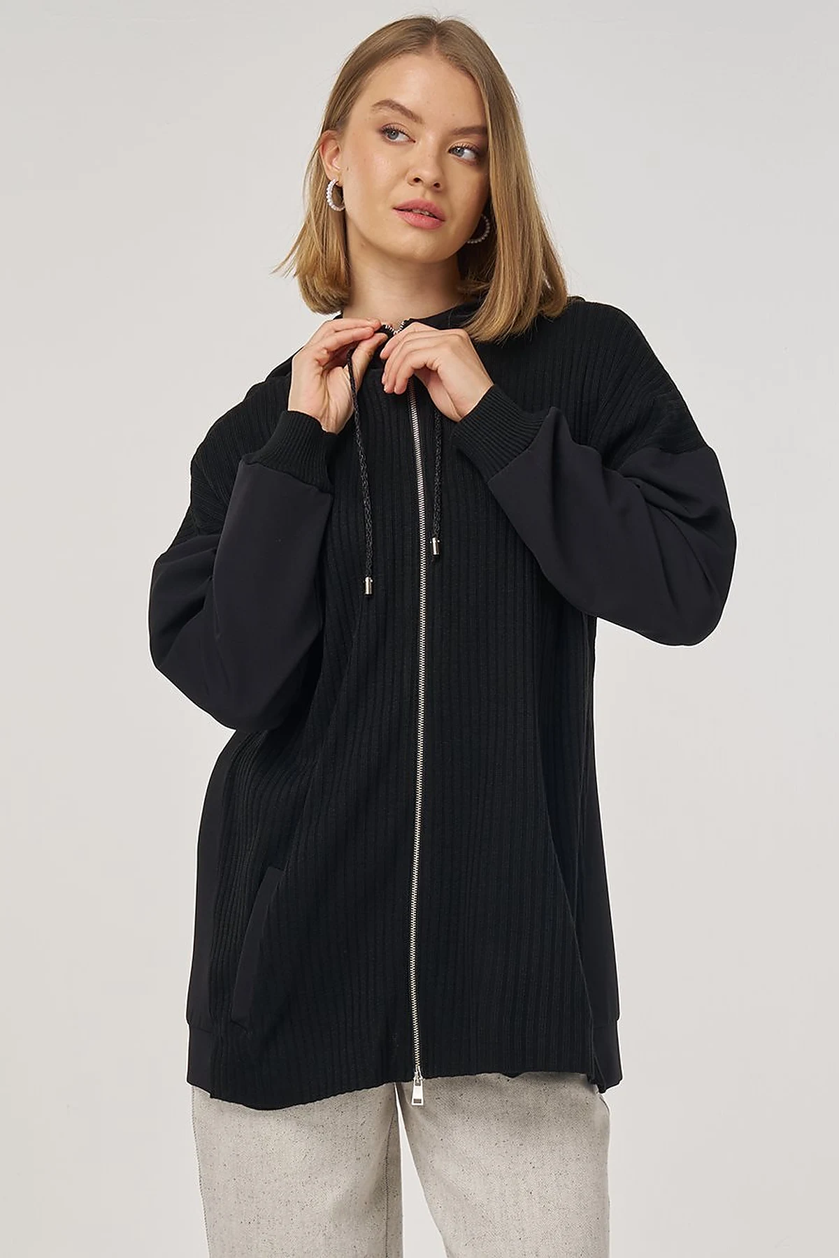 Knit-Trimmed Relaxed Fit Cardigan in Black