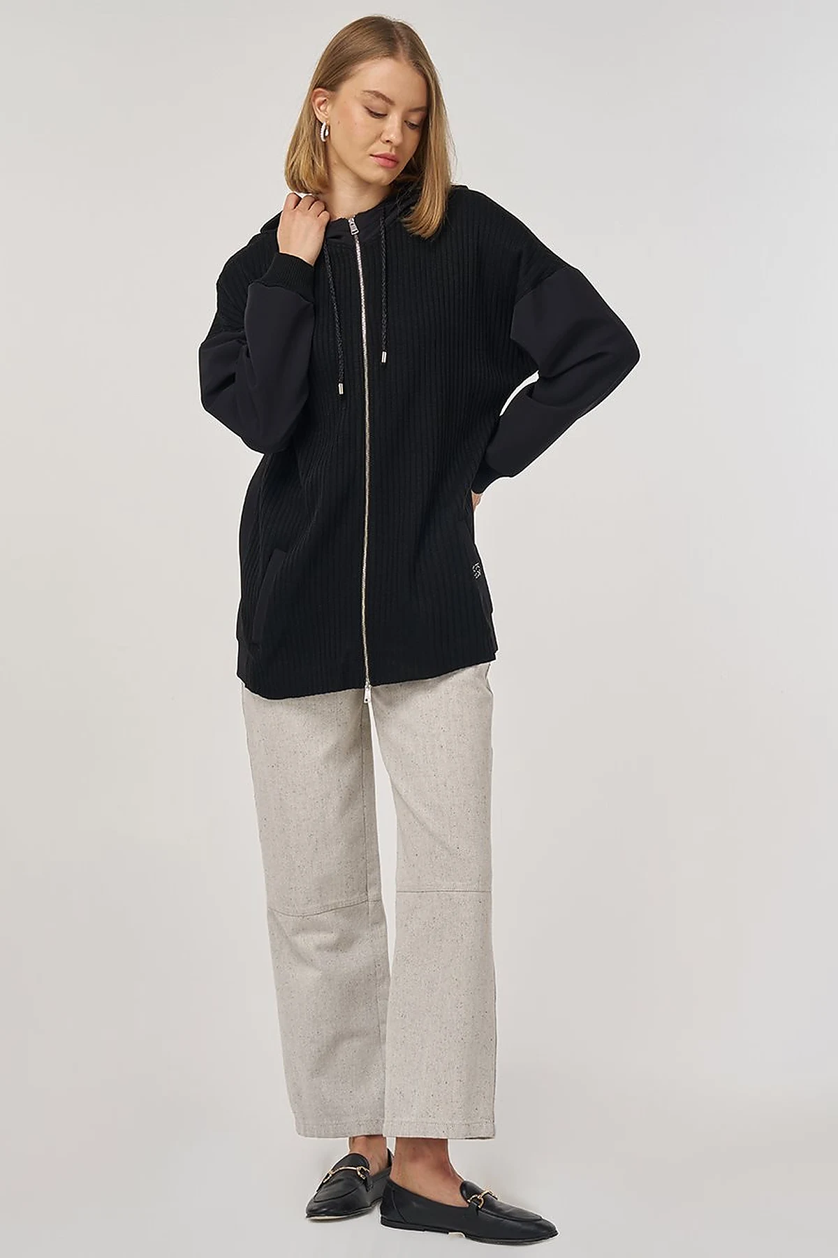 Knit-Trimmed Relaxed Fit Cardigan in Black