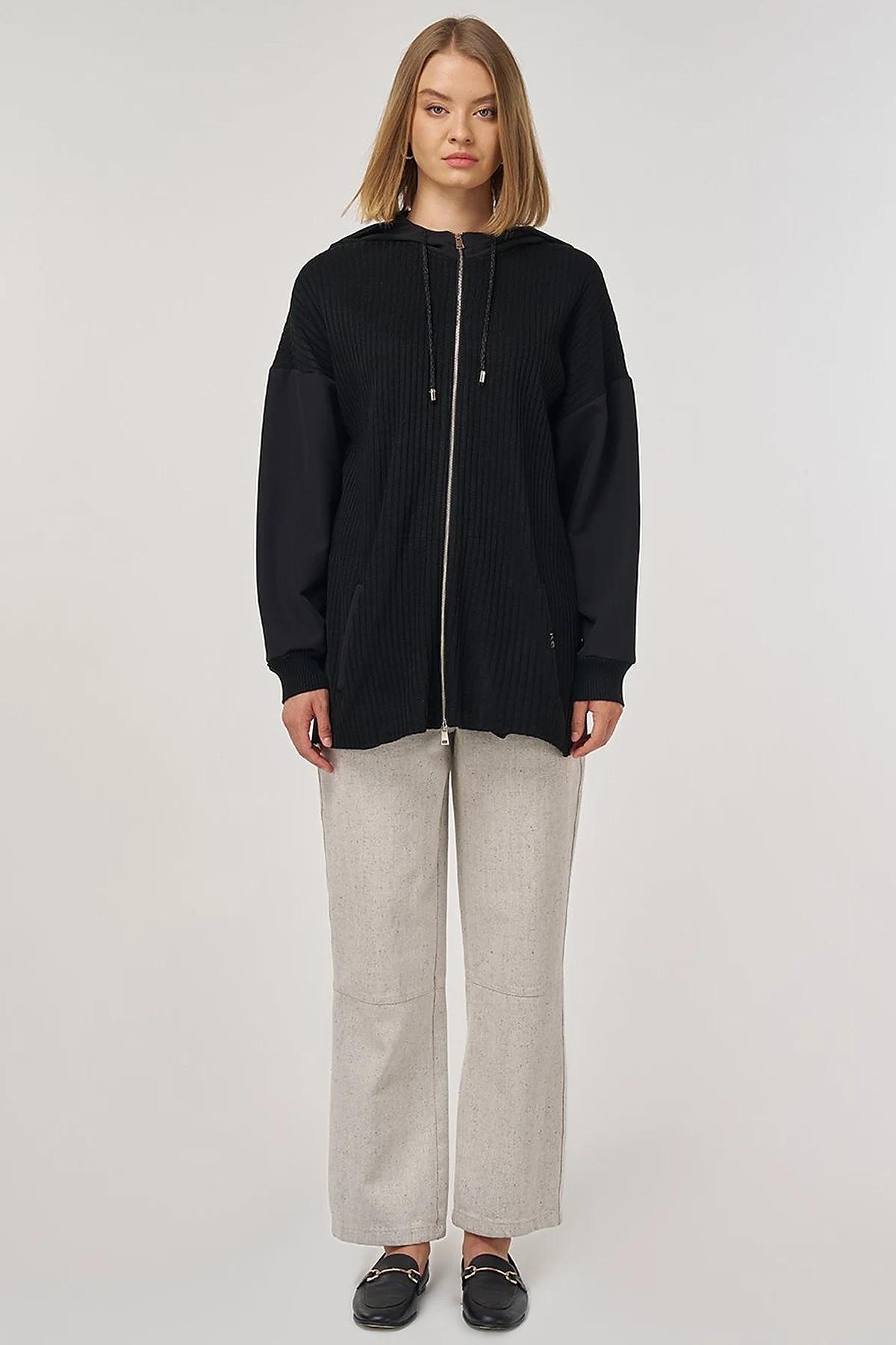 Knit-Trimmed Relaxed Fit Cardigan in Black