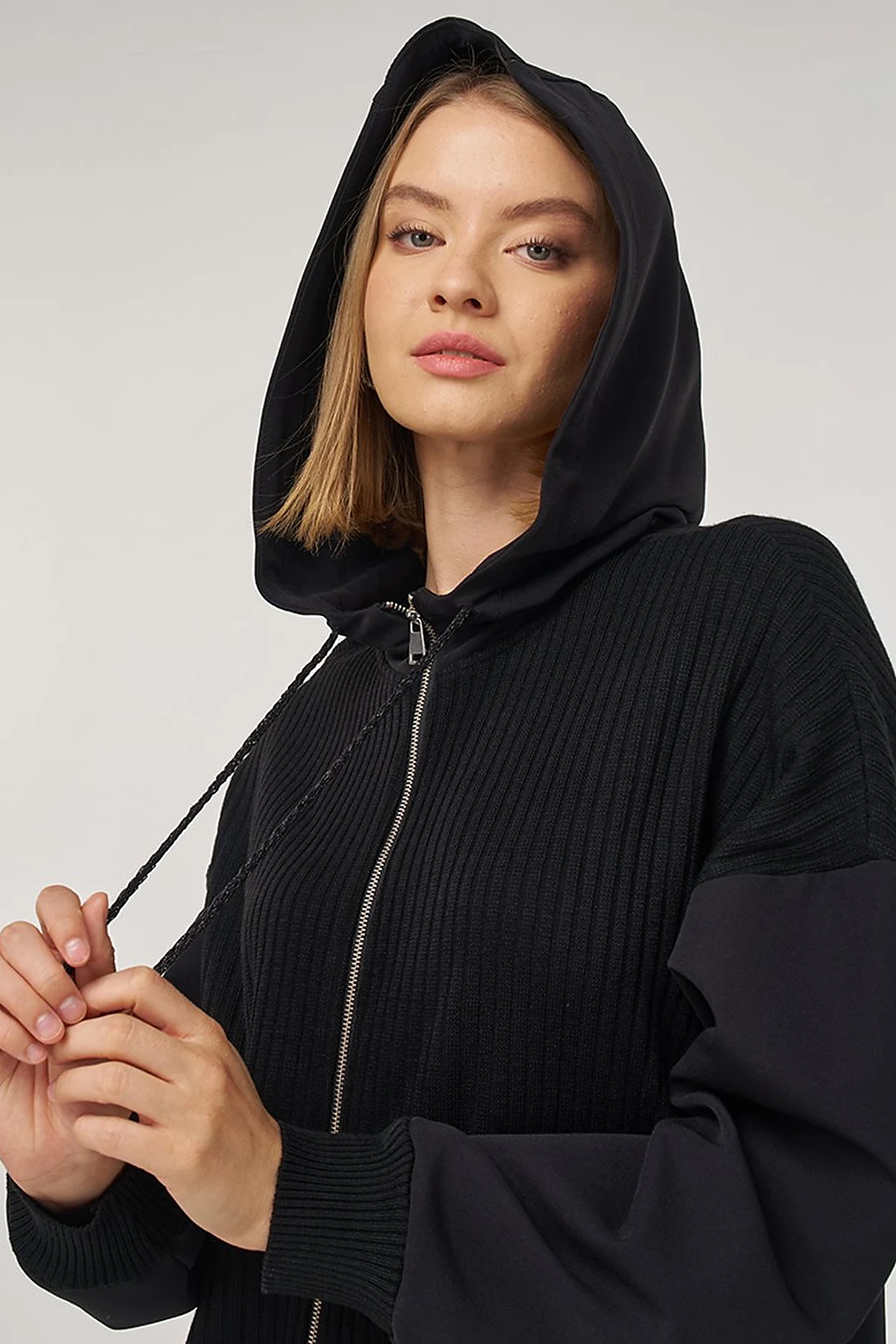 Knit-Trimmed Relaxed Fit Cardigan in Black