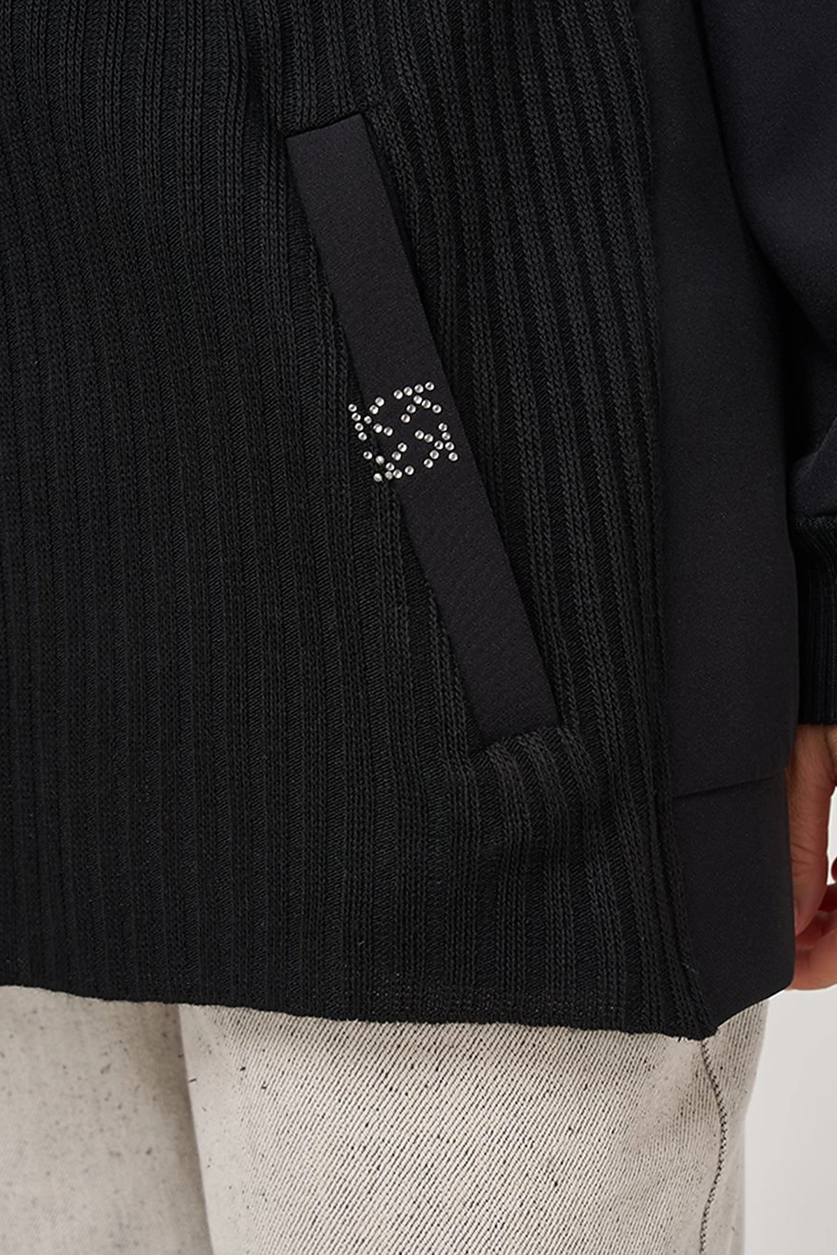 Knit-Trimmed Relaxed Fit Cardigan in Black