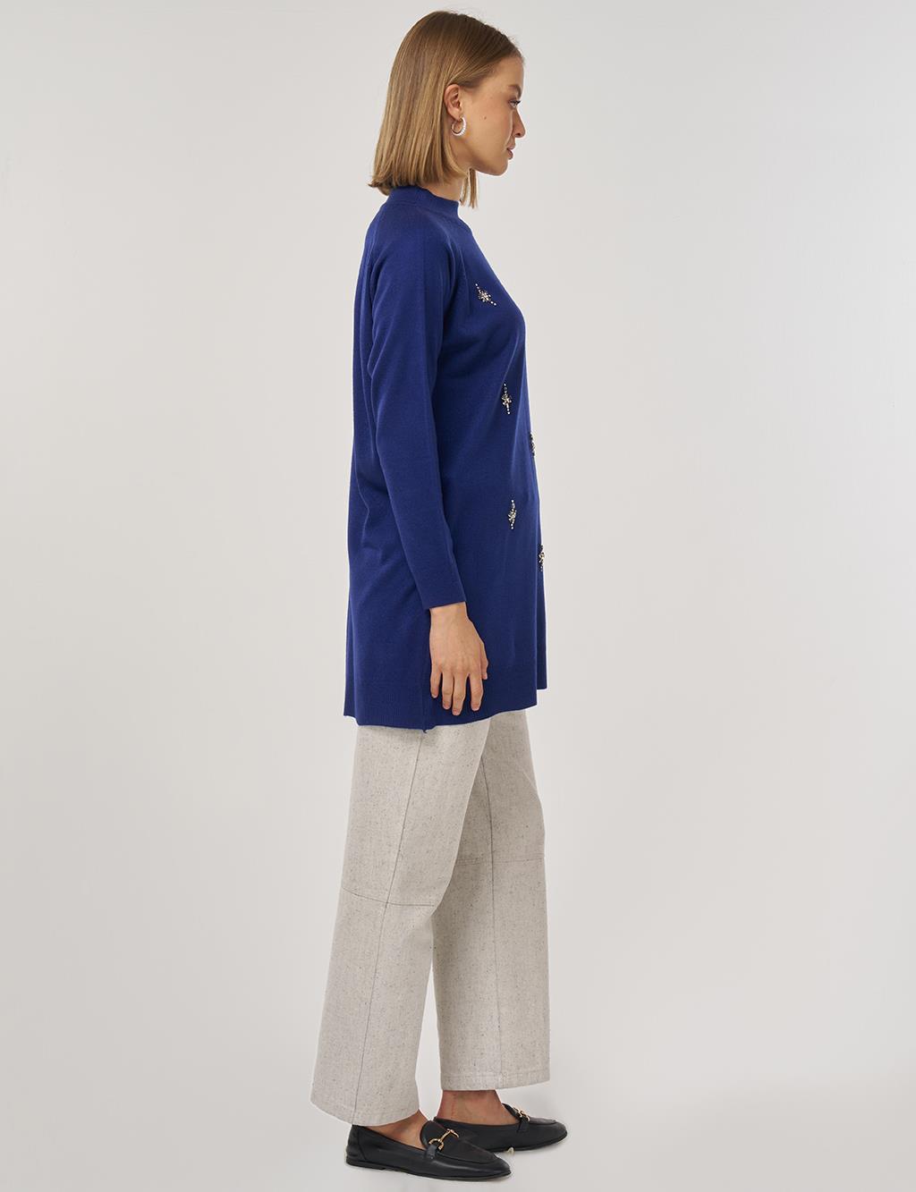 Stone-Embellished Knit Tunic in Indigo