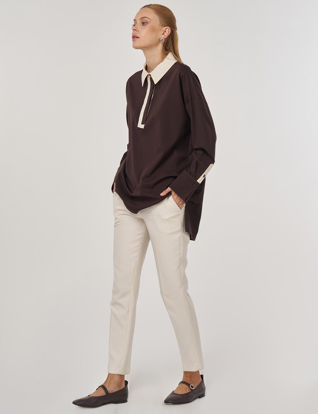 Cuff Detailed Tunic Dark Brown