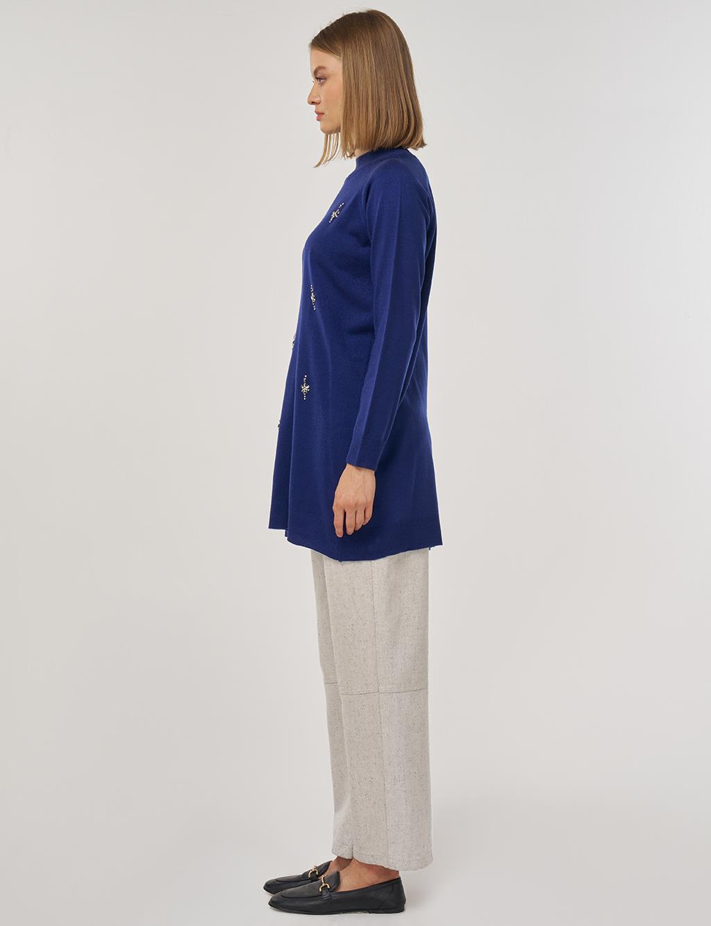 Stone-Embellished Knit Tunic in Indigo