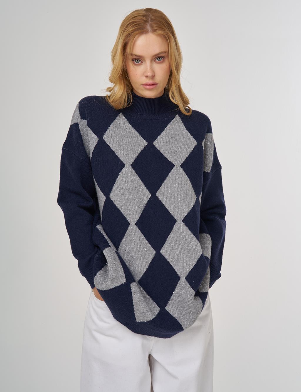 Argyle Pattern Knit Tunic Navy Blue