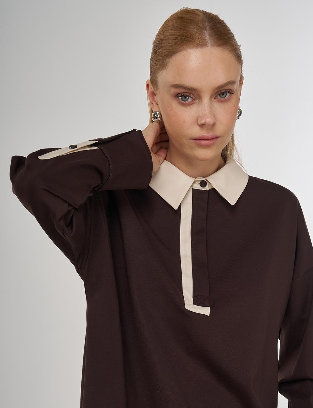 Cuff Detailed Tunic Dark Brown