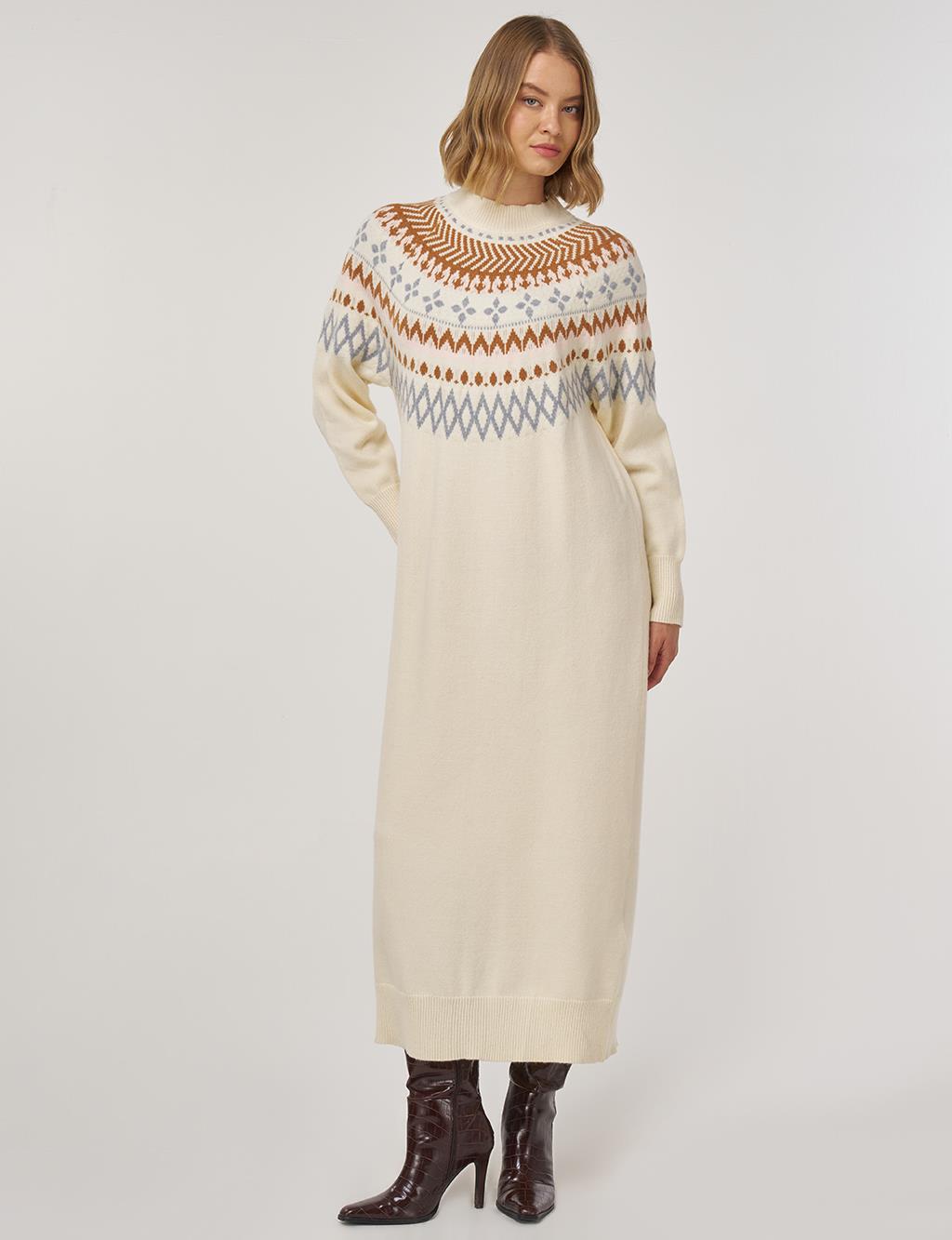Patterned Knit Dress Cream