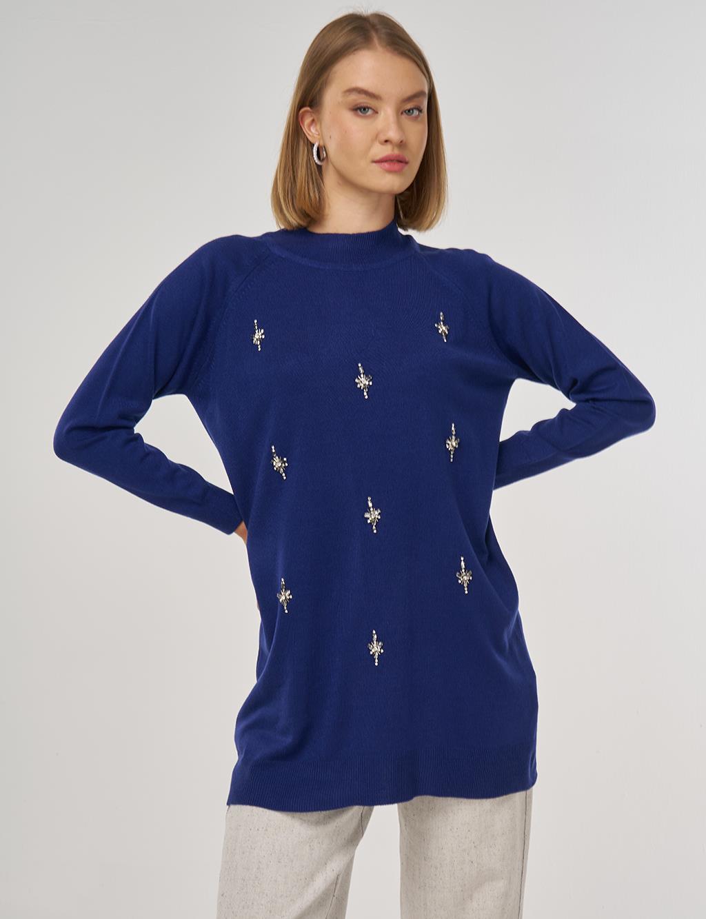 Stone-Embellished Knit Tunic in Indigo