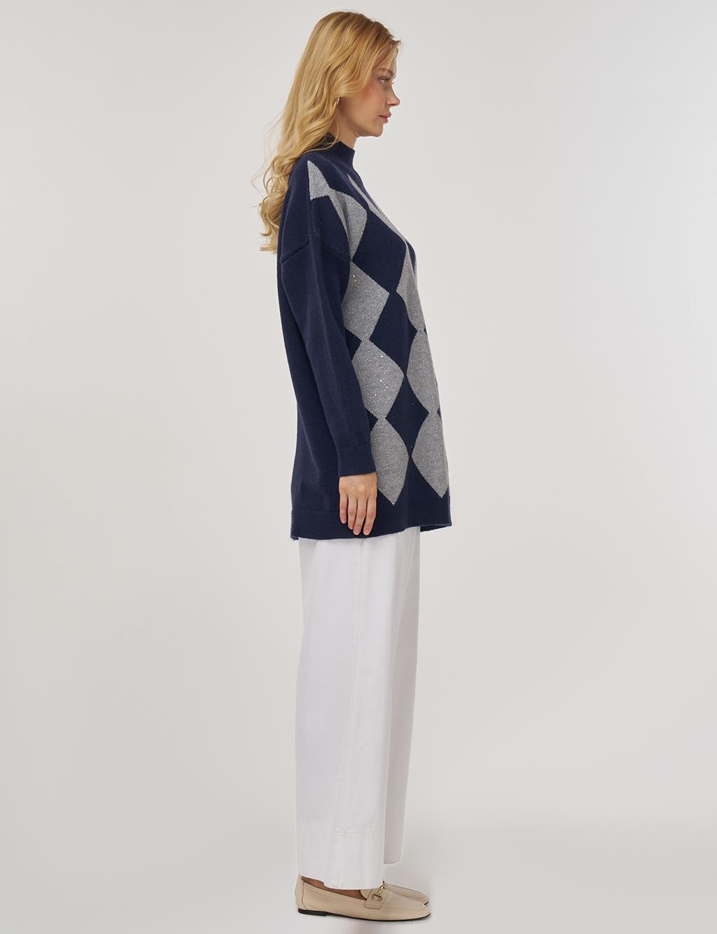 Argyle Pattern Knit Tunic Navy Blue