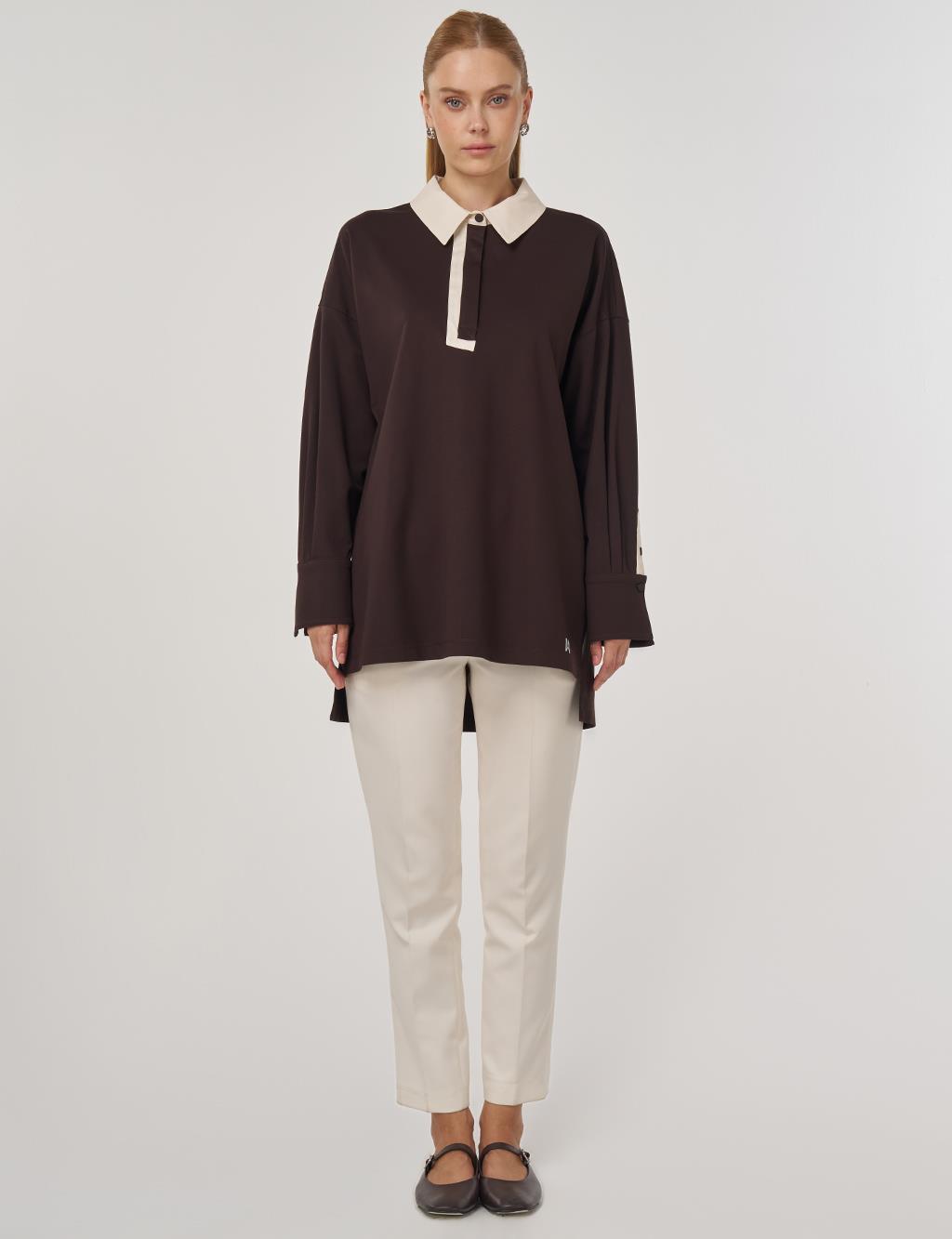 Cuff Detailed Tunic Dark Brown