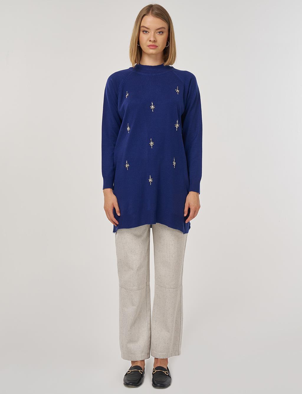 Stone-Embellished Knit Tunic in Indigo