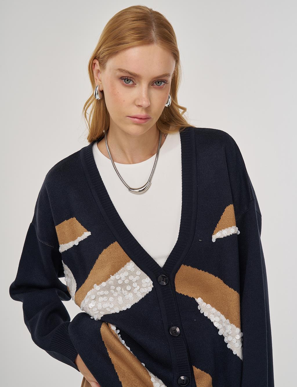 Color-Block Knit Cardigan Navy