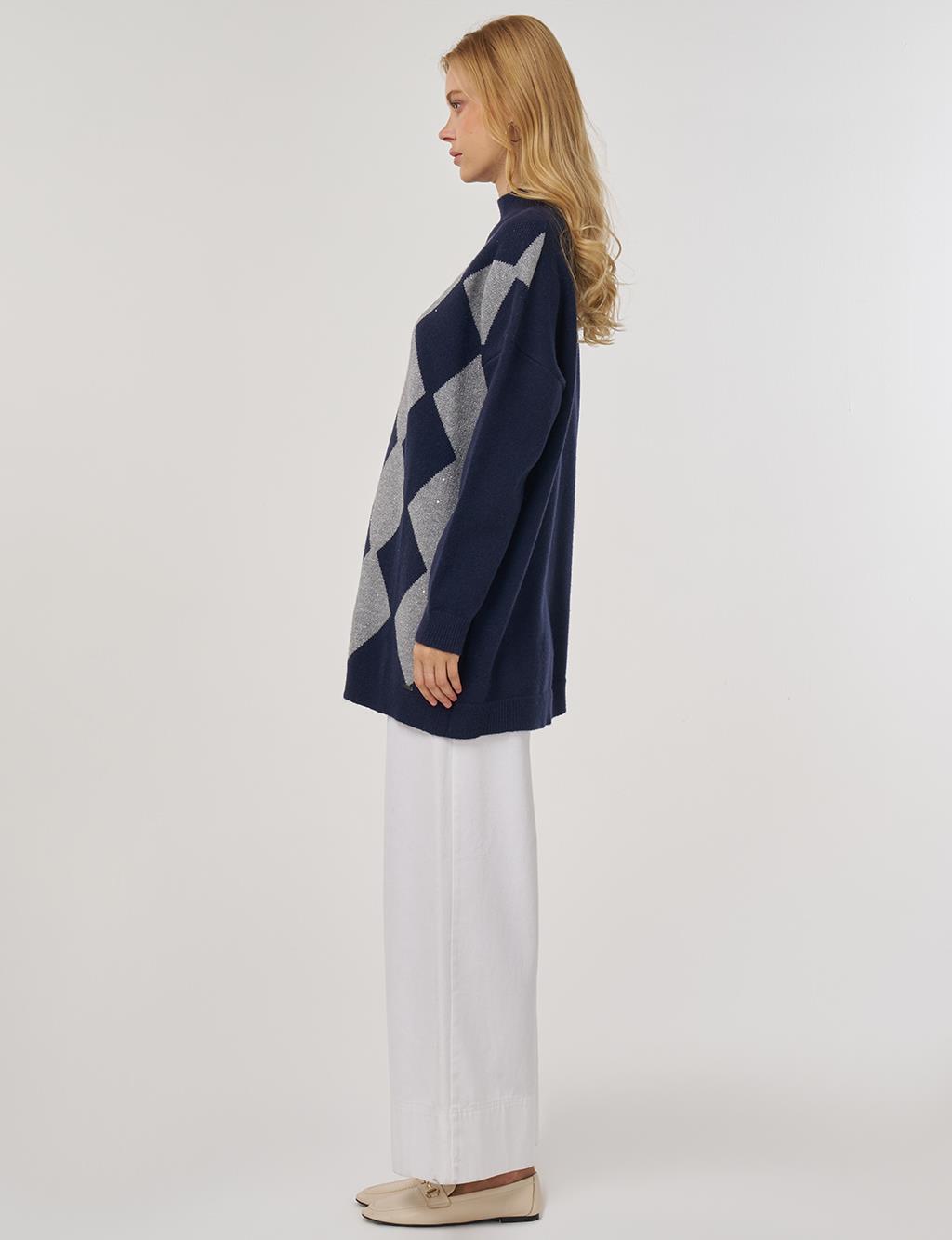 Argyle Pattern Knit Tunic Navy Blue