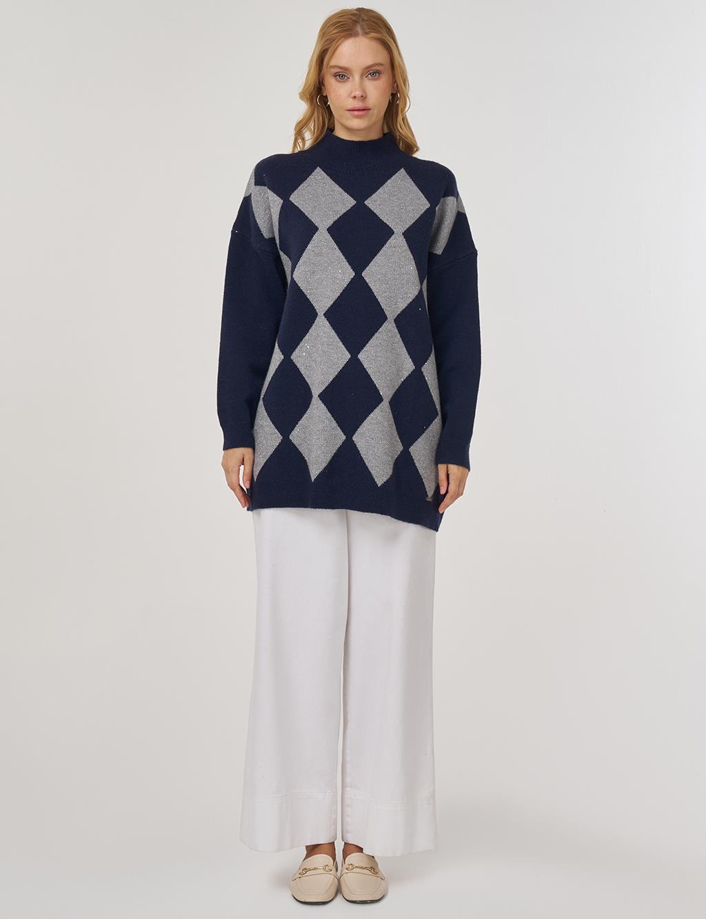 Argyle Pattern Knit Tunic Navy Blue