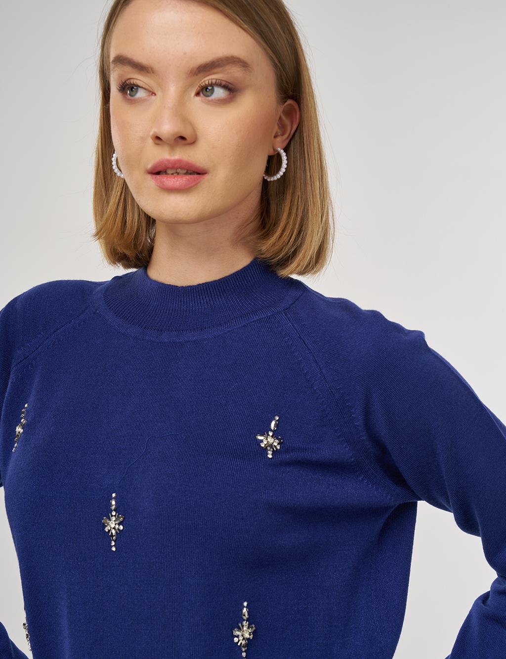 Stone-Embellished Knit Tunic in Indigo