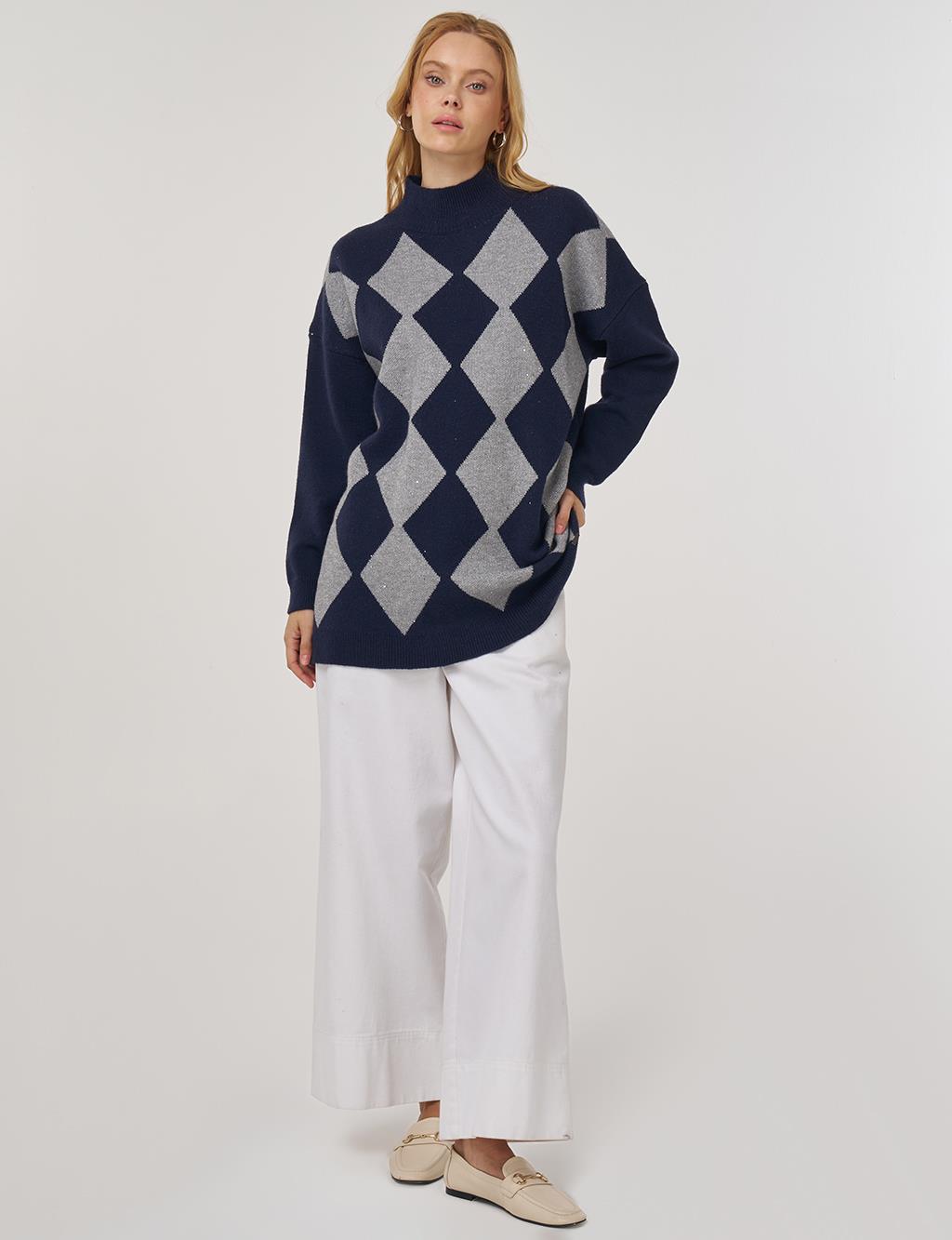Argyle Pattern Knit Tunic Navy Blue