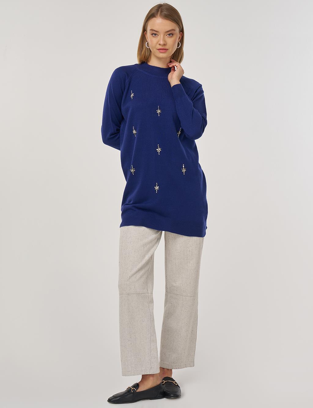 Stone-Embellished Knit Tunic in Indigo
