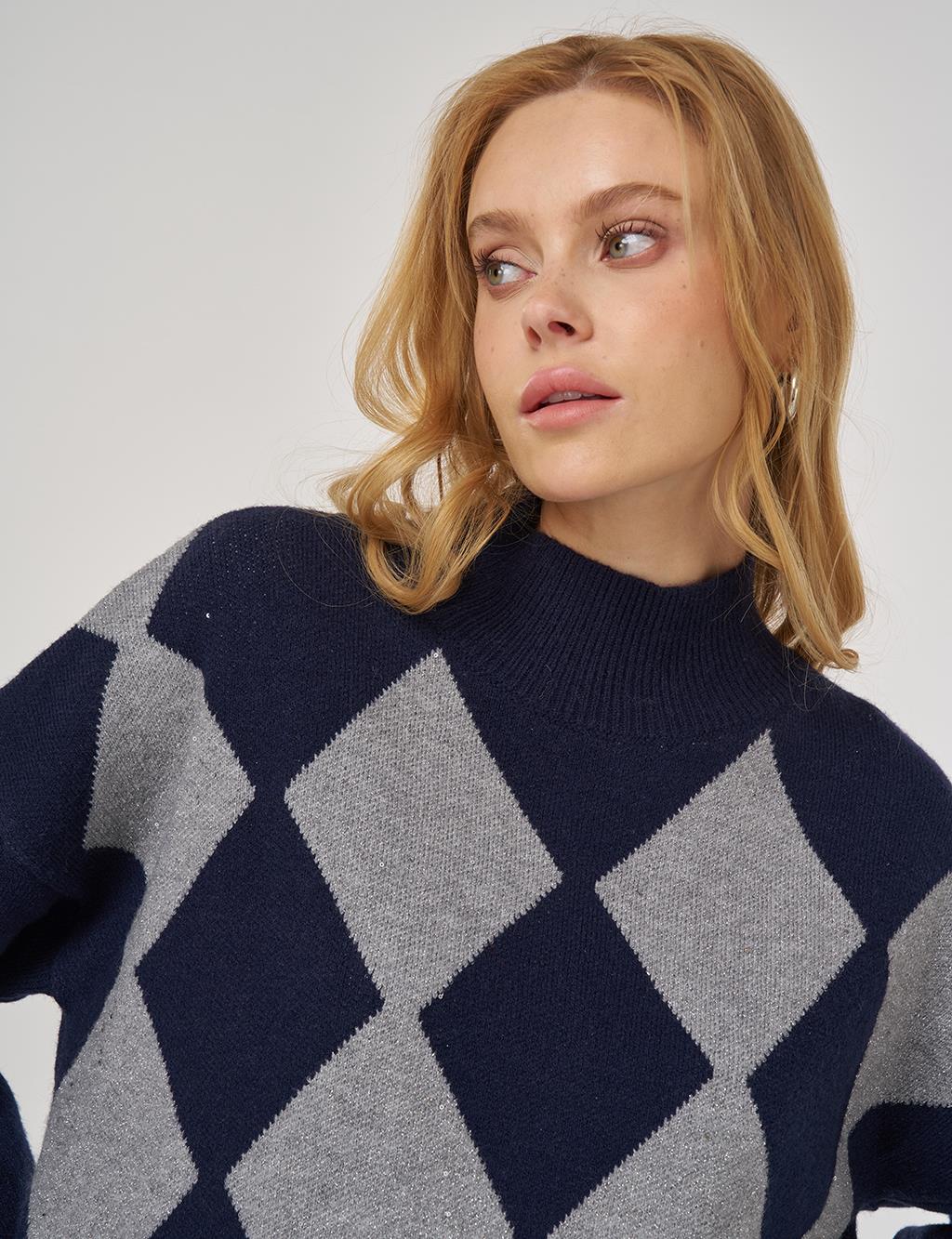 Argyle Pattern Knit Tunic Navy Blue