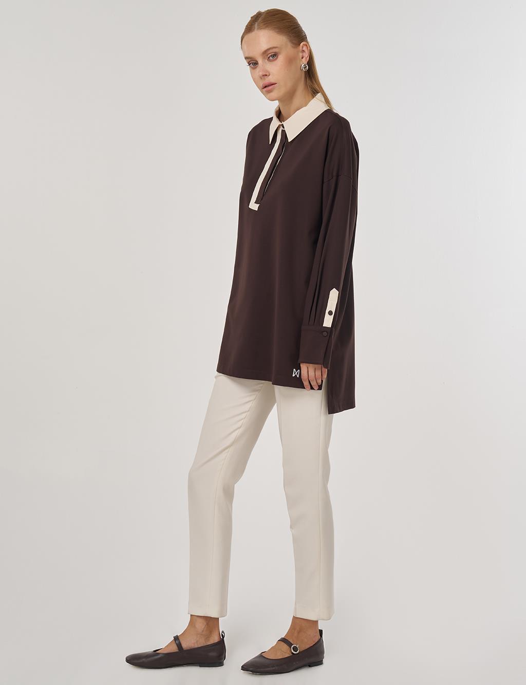 Cuff Detailed Tunic Dark Brown