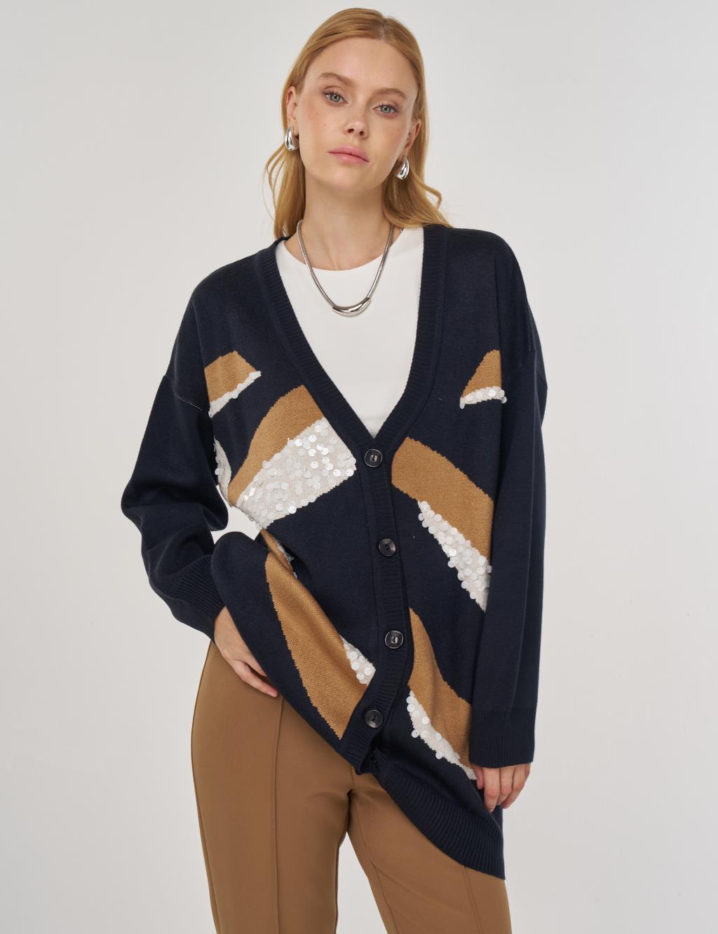Color-Block Knit Cardigan Navy