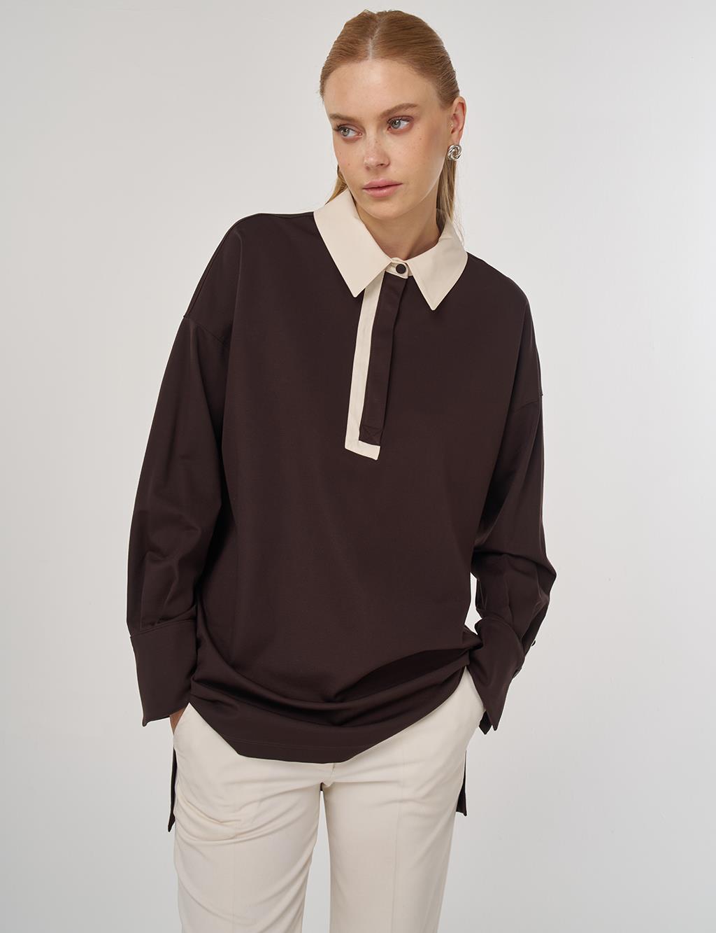 Cuff Detailed Tunic Dark Brown