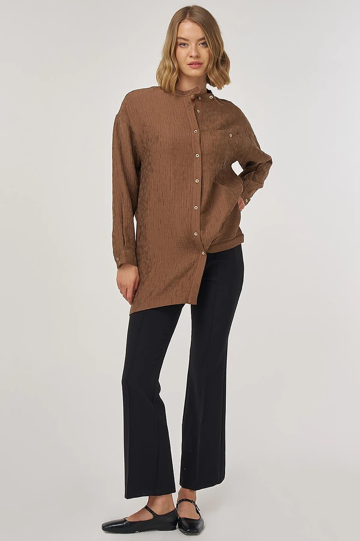 Mandarin Collar Lyocell Blouse Dark Olive