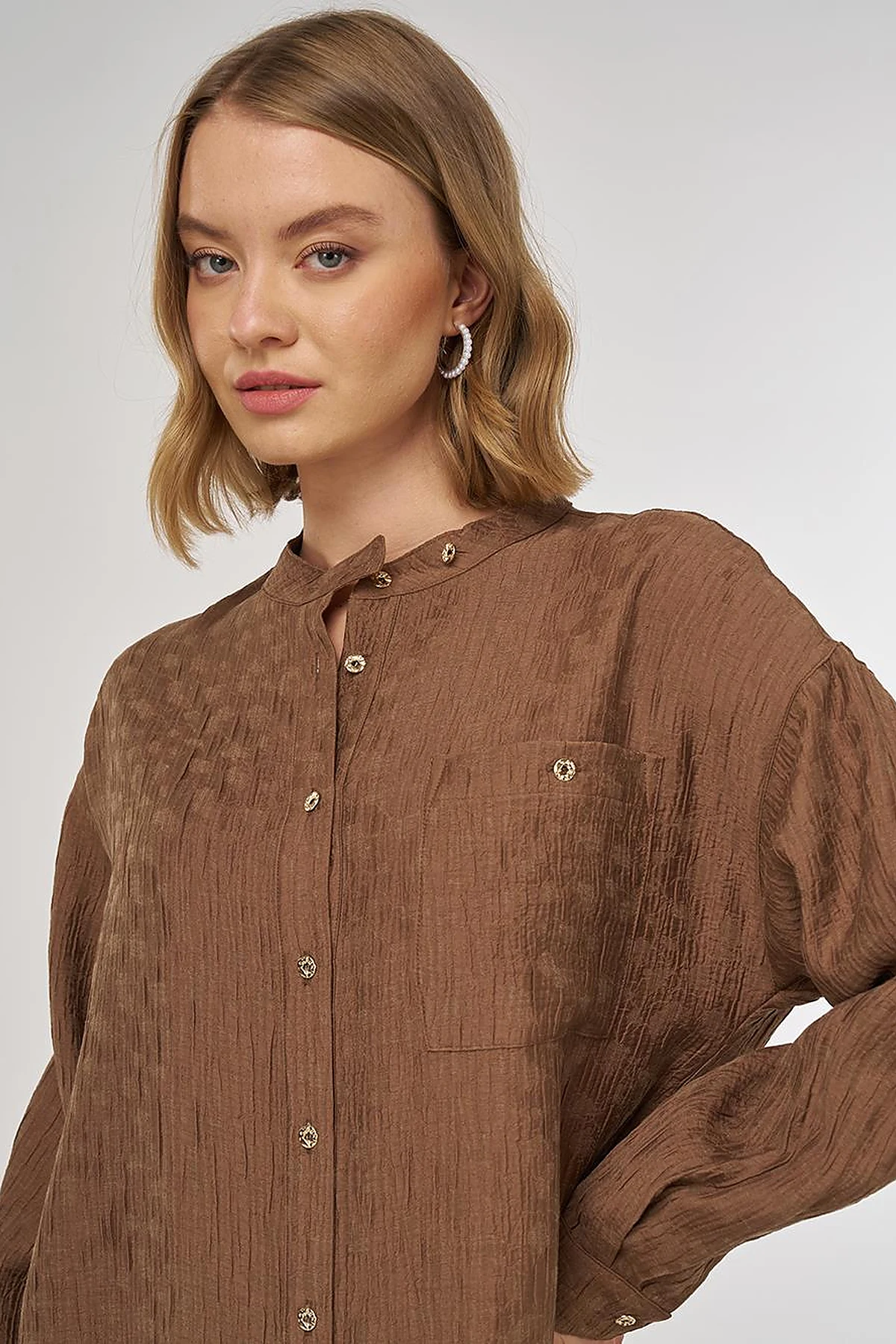 Mandarin Collar Lyocell Blouse Dark Olive