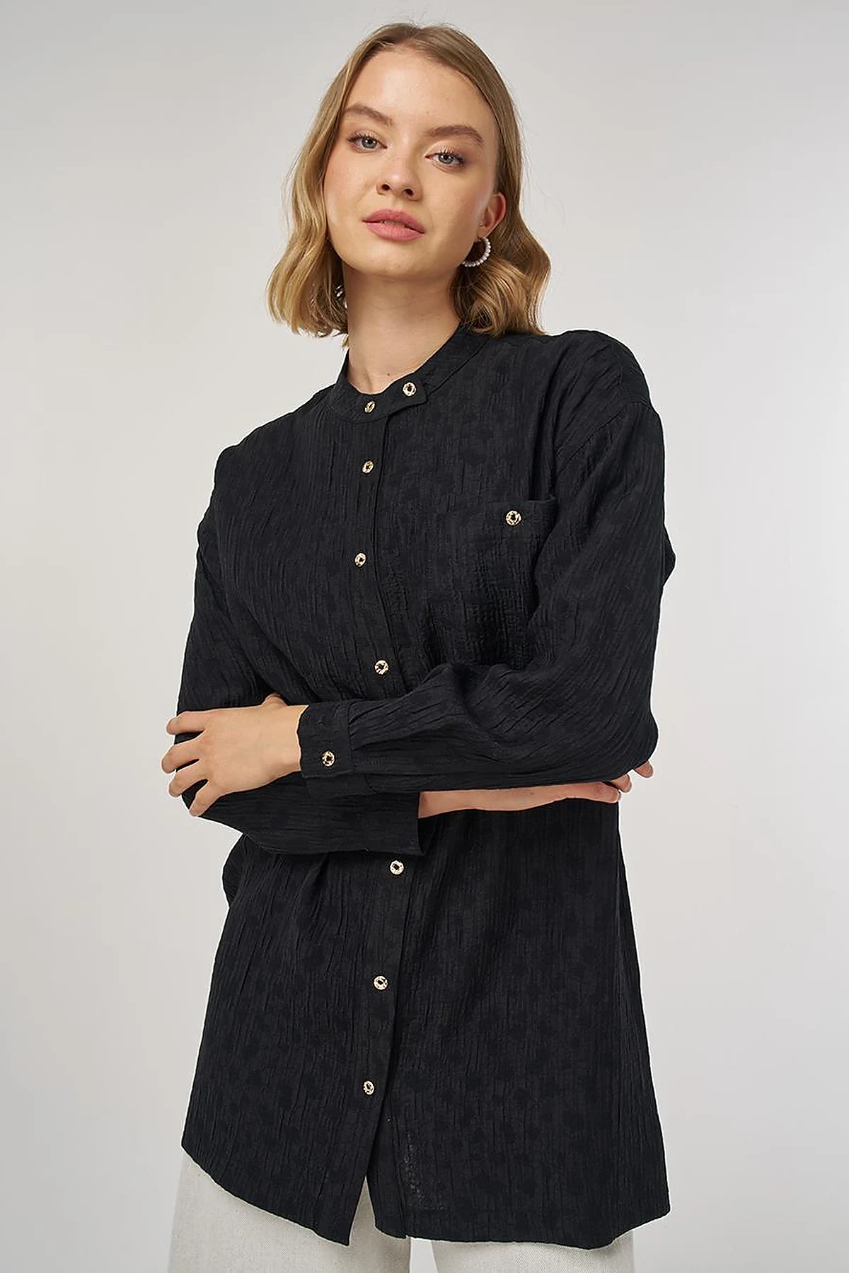 Mandarin Collar Lyocell Blouse Black