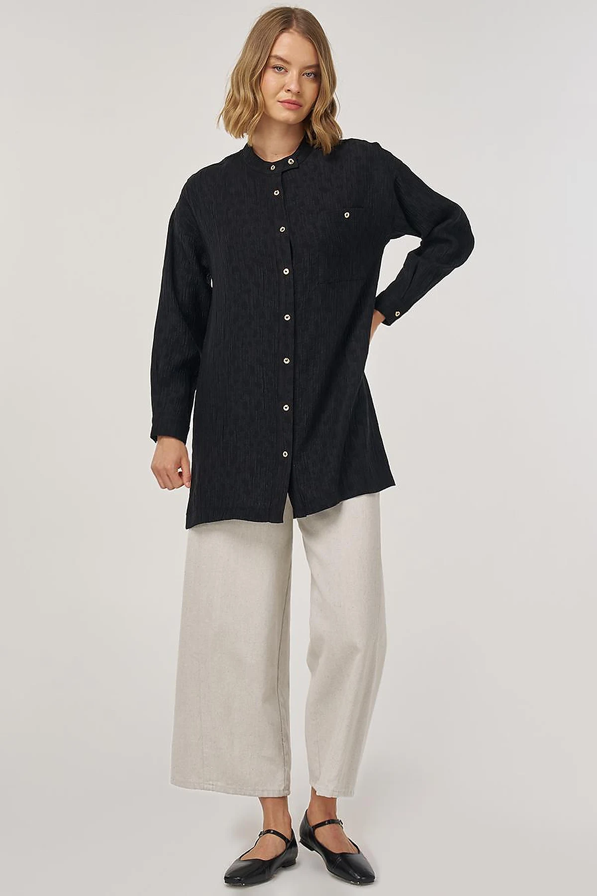 Mandarin Collar Lyocell Blouse Black