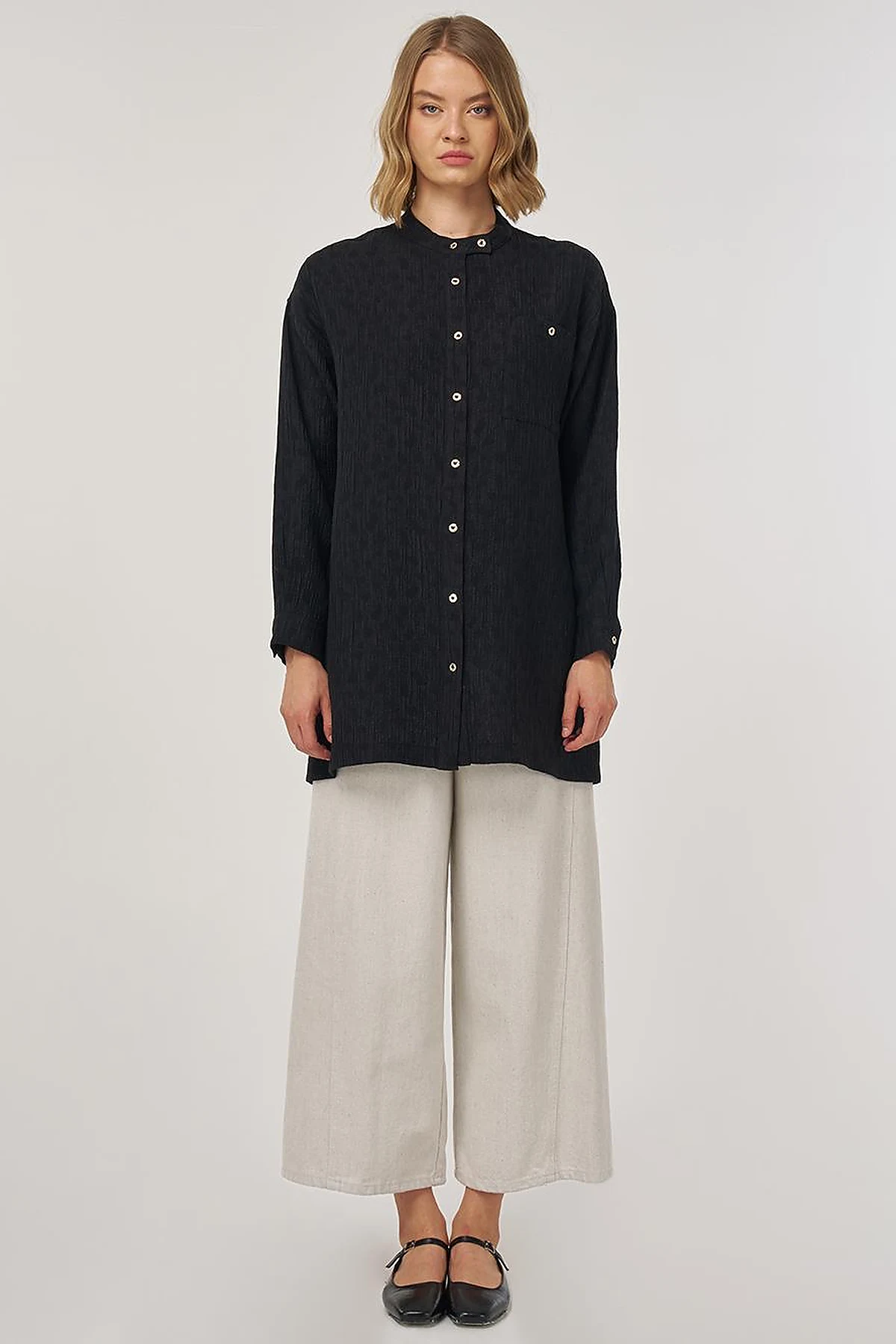 Mandarin Collar Lyocell Blouse Black